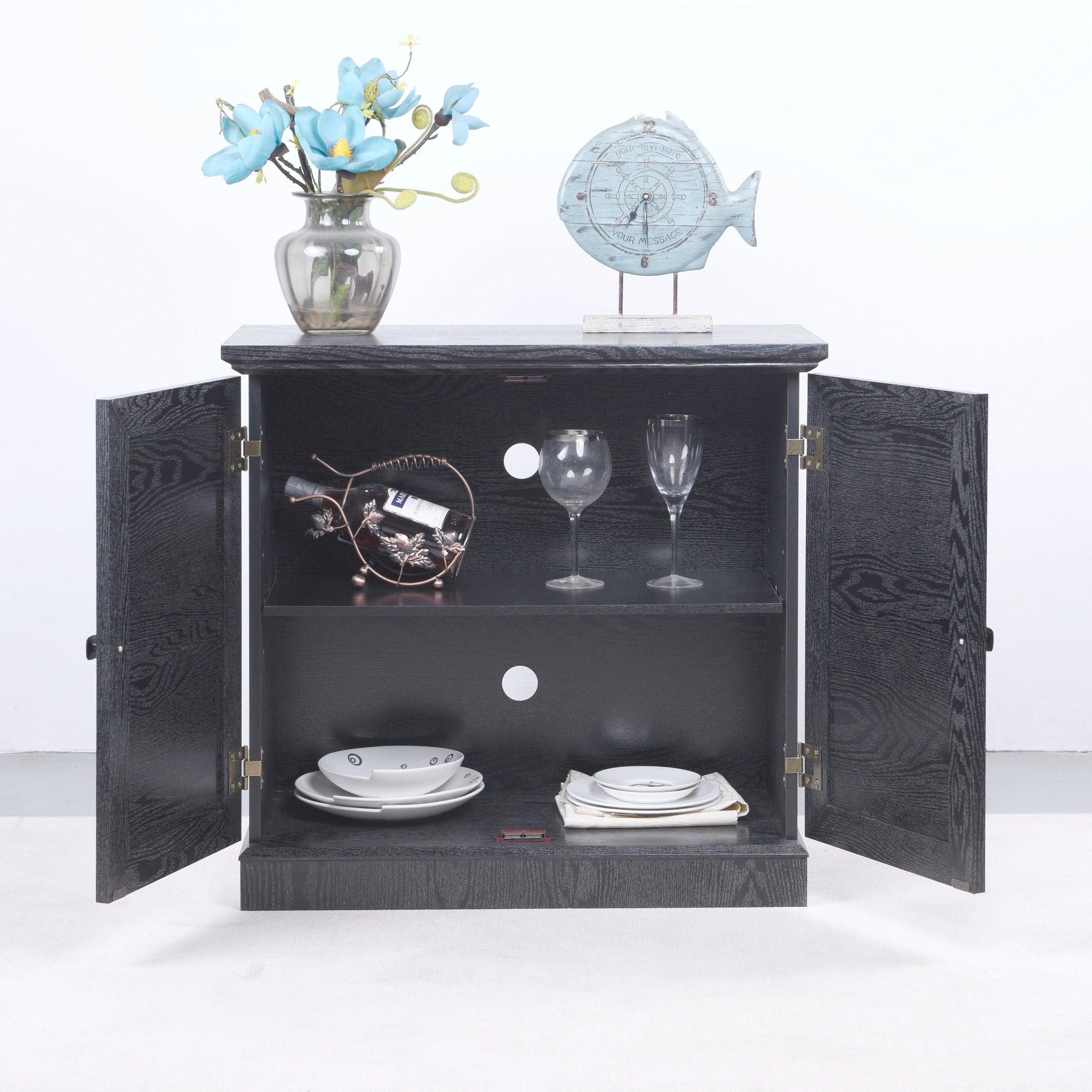 Sideboard Cabinet With Mirrored Doors, Adjustable Shelf, Metal Handles