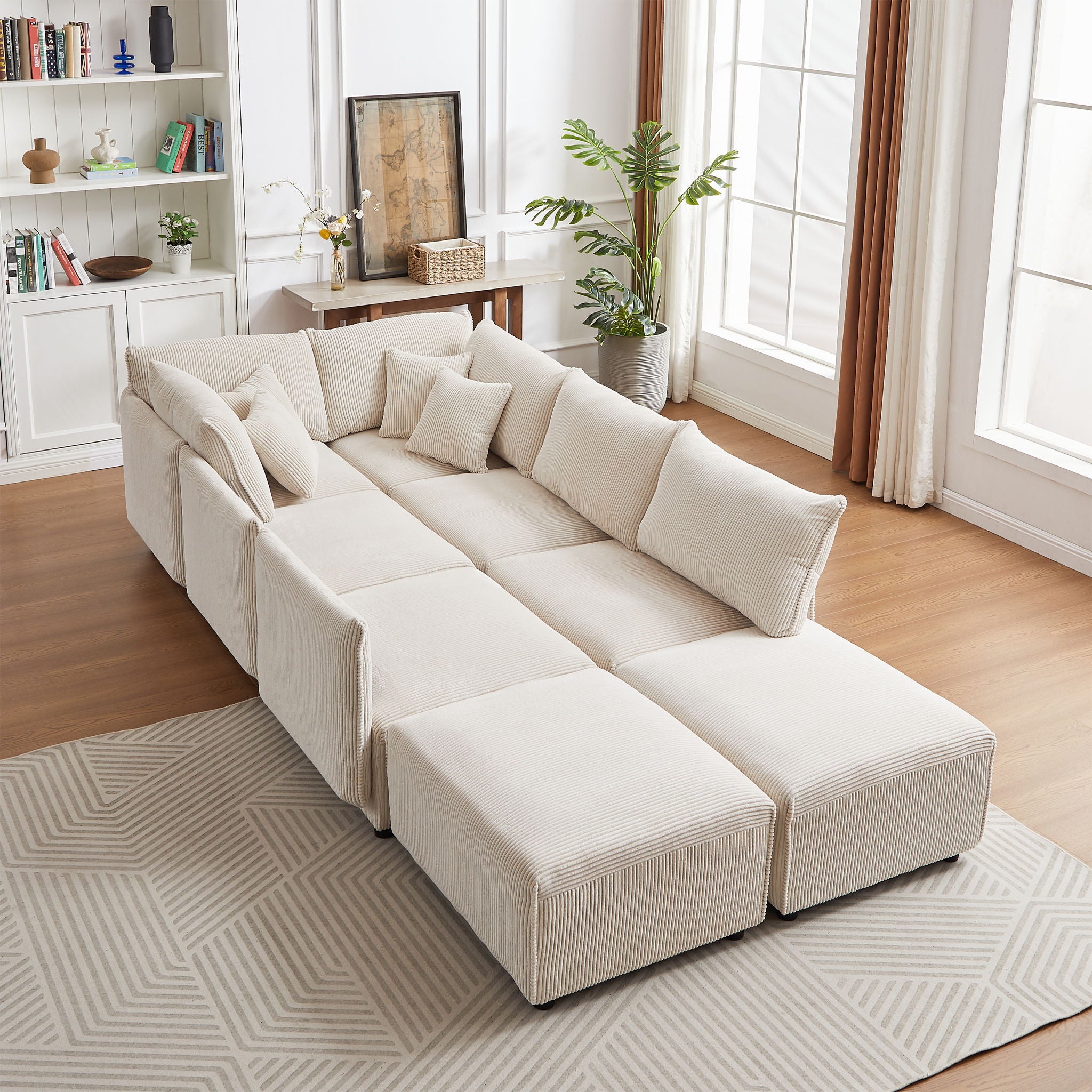 Modern Minimalist Corduroy Combination Sofa With 2 Comfort Cushions With USB & C Charging Ports