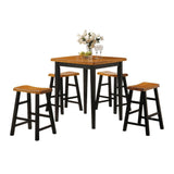 The Gaucho Counter Height Dining Set offers simplicity with a versatility perfect for any small dining space. This set boasts an space saving design, square leg table and four matching saddle style stools. The Table features a Solid Top and square legs.