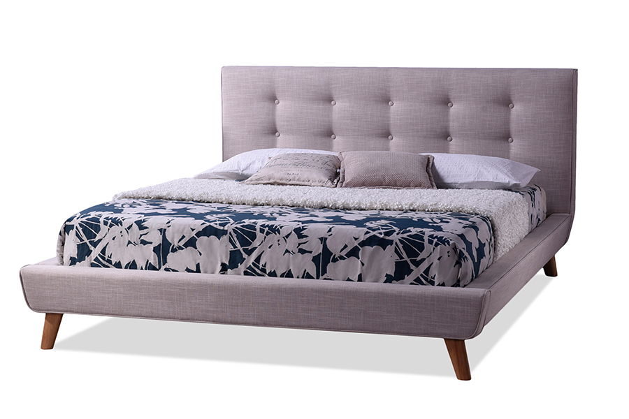 Jonesy Scandinavian Style Mid-century Beige Fabric Upholstered Queen Size Platform Bed