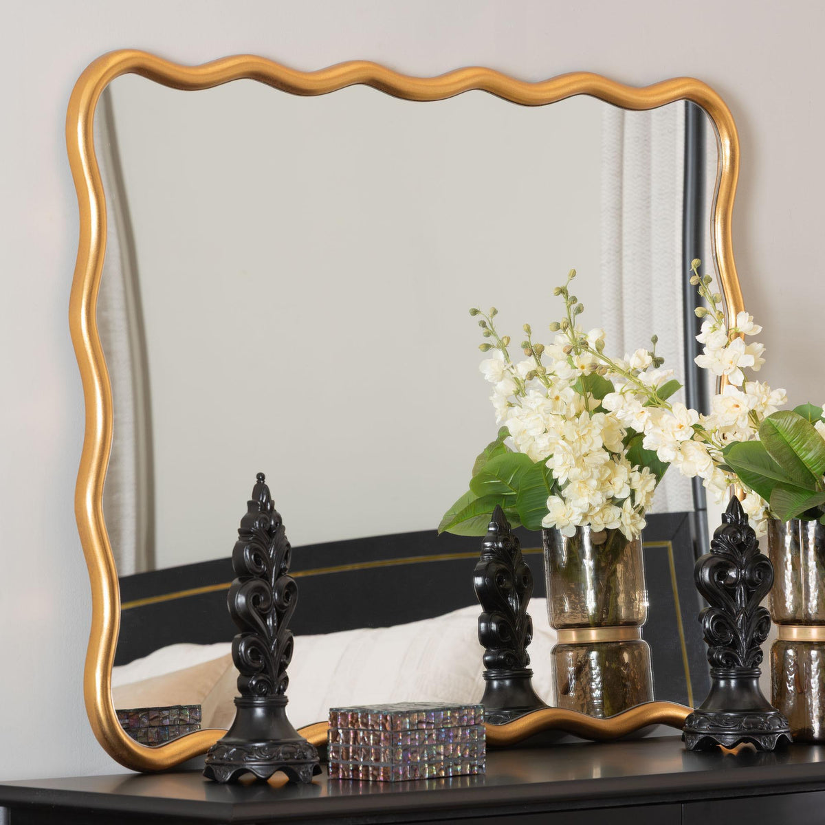 Cassara Gold Scalloped Rectangular Wall Mirror - Stylish Curved Edge Decorative Wall Accent for Living Room, Bedroom, or Entryway