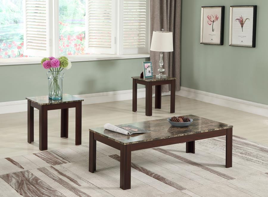 Coaster Fine Furniture Rhodes - 3 Piece Faux Marble Top Coffee Table Set - Brown | Meri Furniture