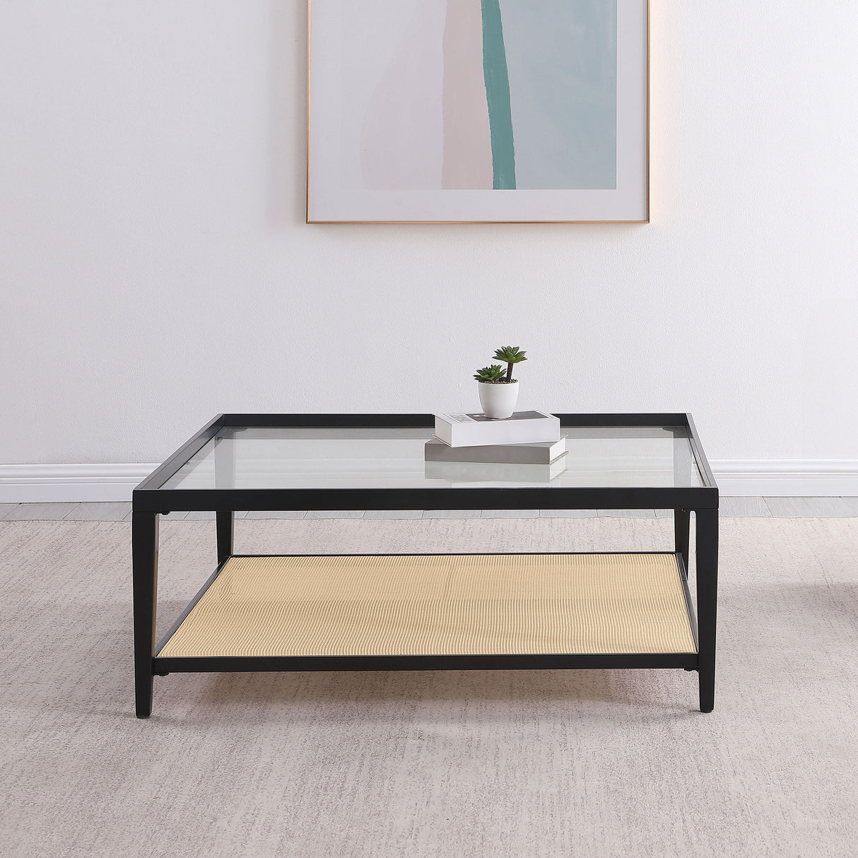 Amherst - Glass Top Metal with Cane Shelf Coffee Table - Black