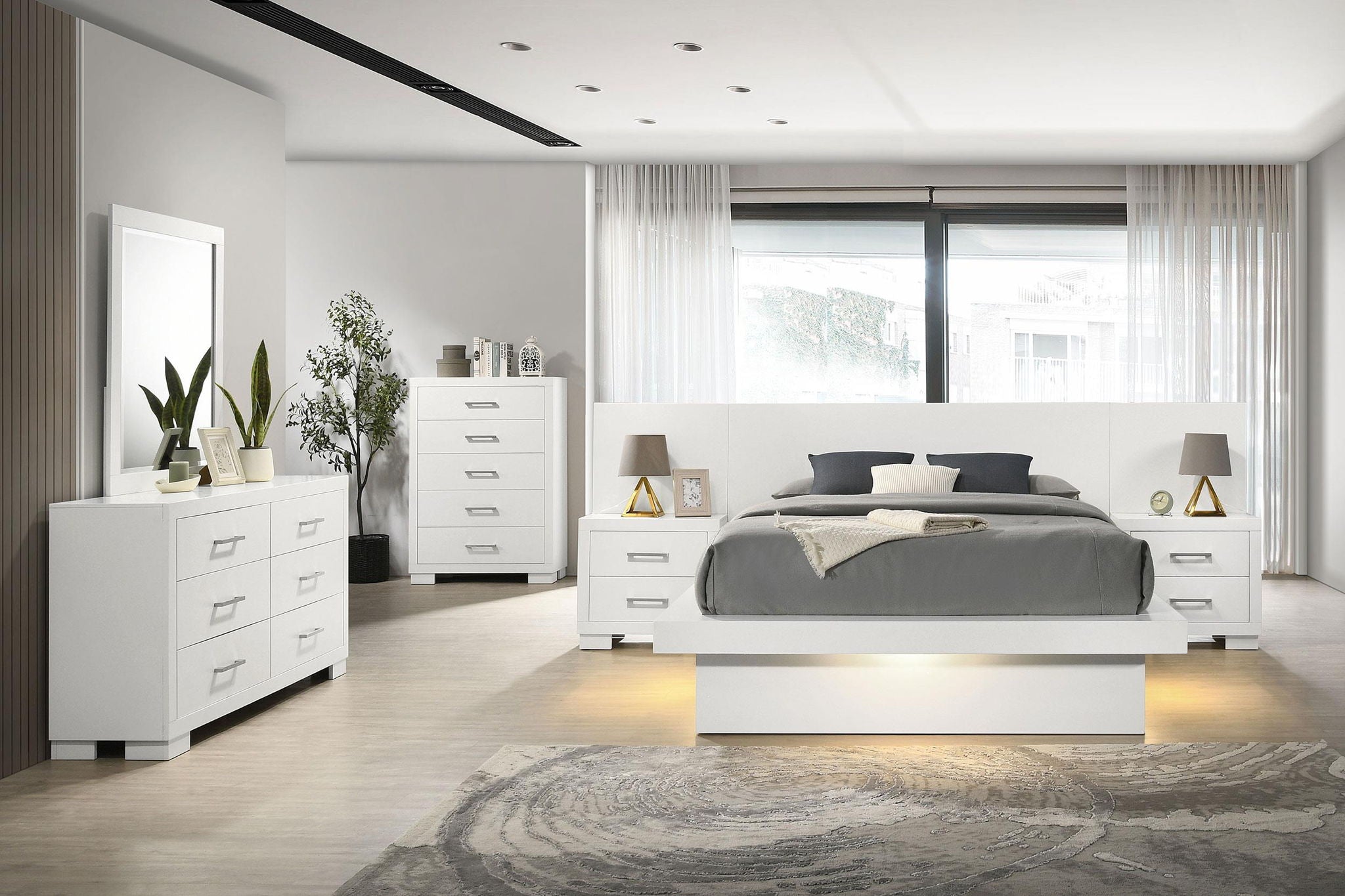 Jessica Wood Eastern King LED Panel Bed Snow White