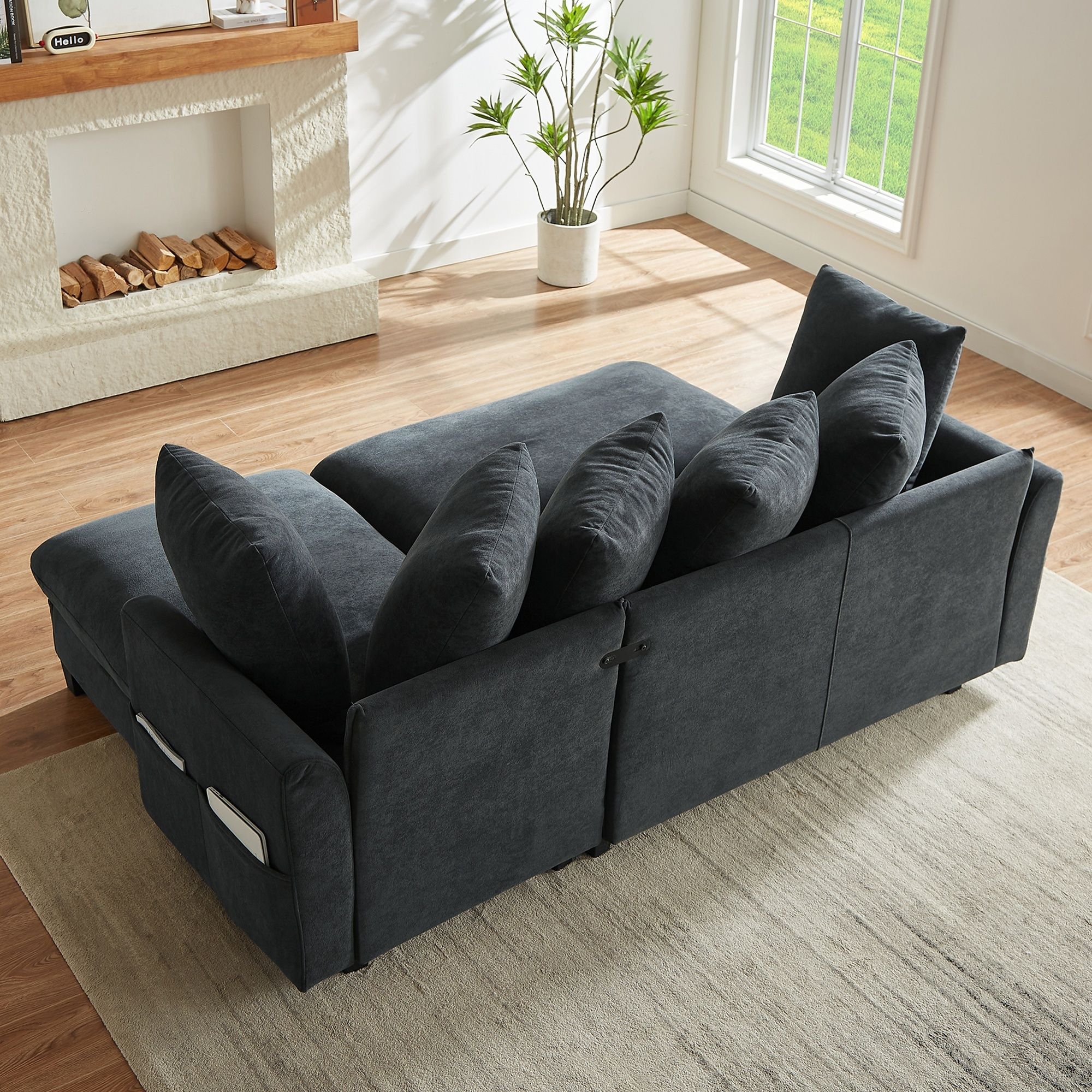 Upholstered L Shaped Sectional Sofa With Storage, Movable Ottoman, And 6 Throw Pillows
