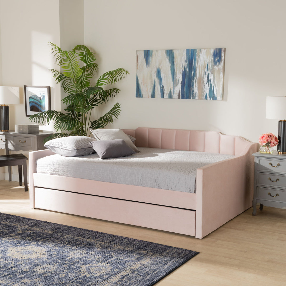 LenNon Modern and Contemporary Pink Velvet Fabric Upholstered Full Size Daybed with Trundle