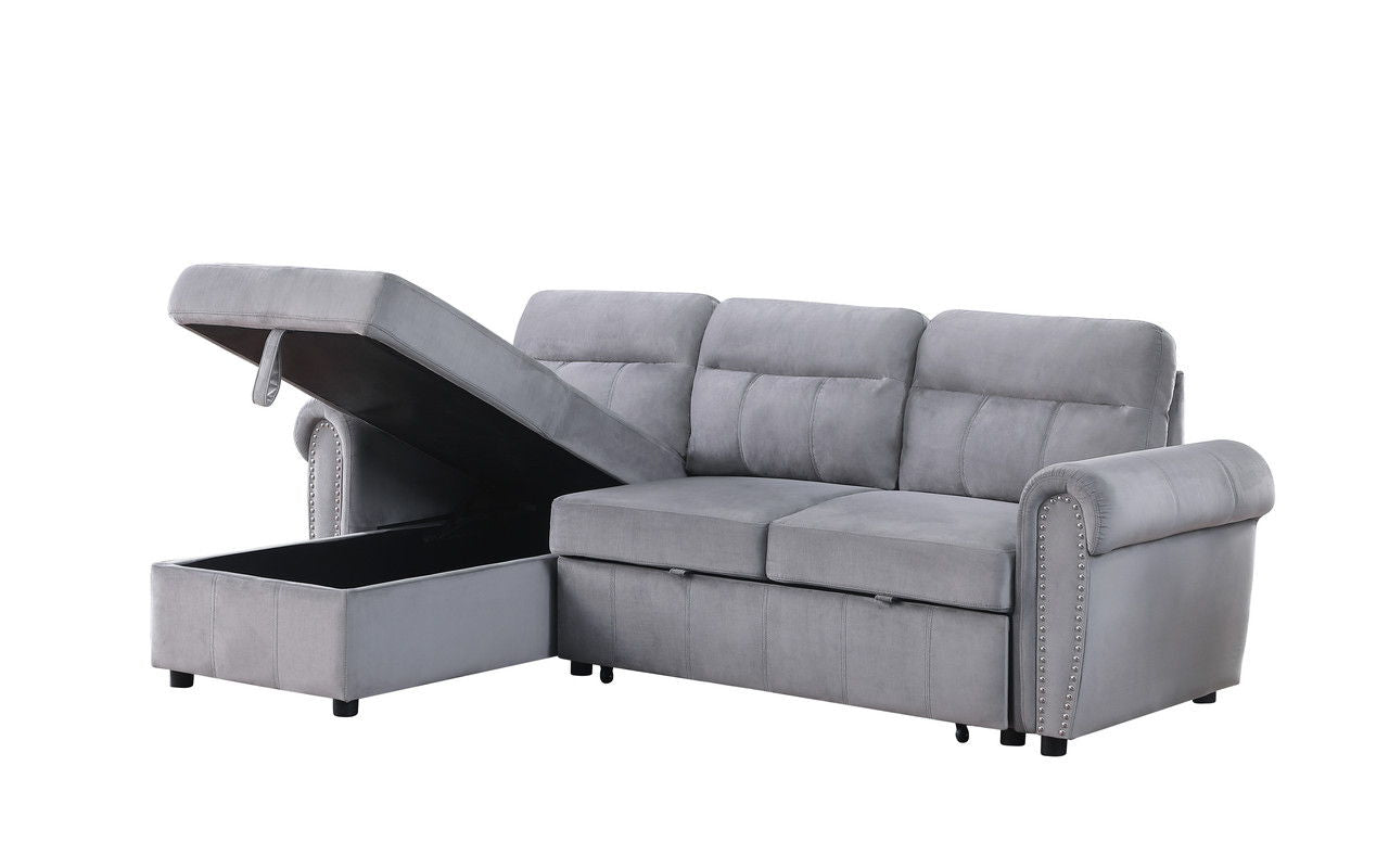 Ashton 96.5"W Gray Velvet Fabric Reversible Sleeper Sectional Sofa Chaise