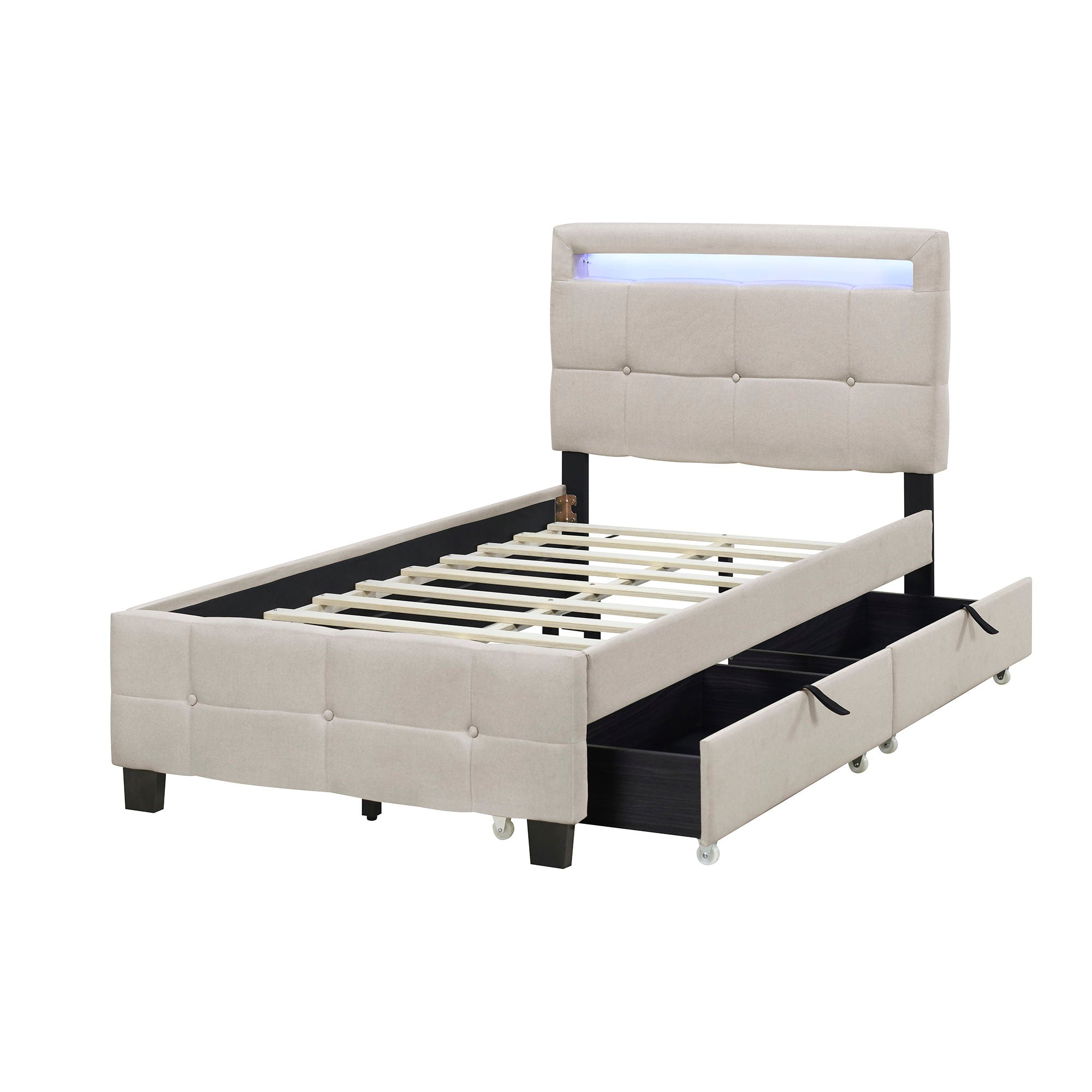 Upholstered Platform Bed With LED Frame, With Trundle And 2 Drawers