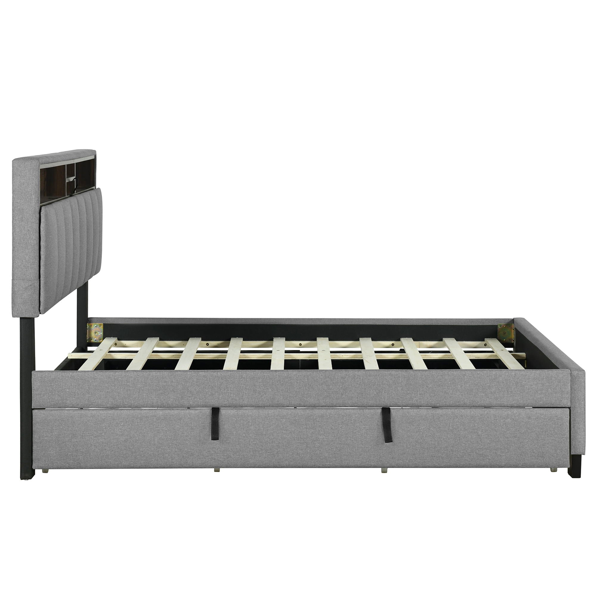 Upholstered Platform Bed With Storage Headboard, Trundle & 2 Drawers And A Set Of Sockets & USB Ports