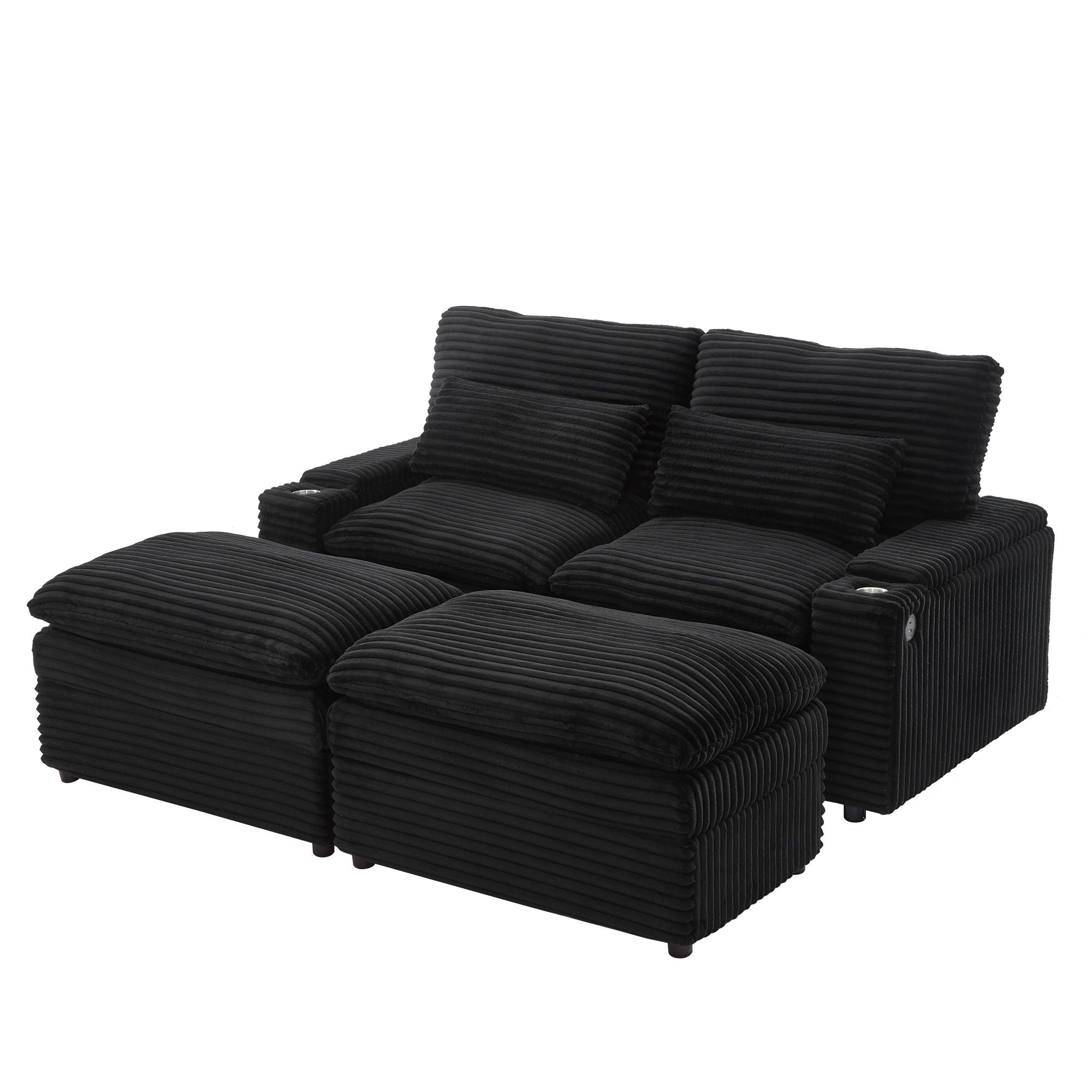 Convertible Loveseat Sofa With Storage, USB Ports, Cup Holders - Black