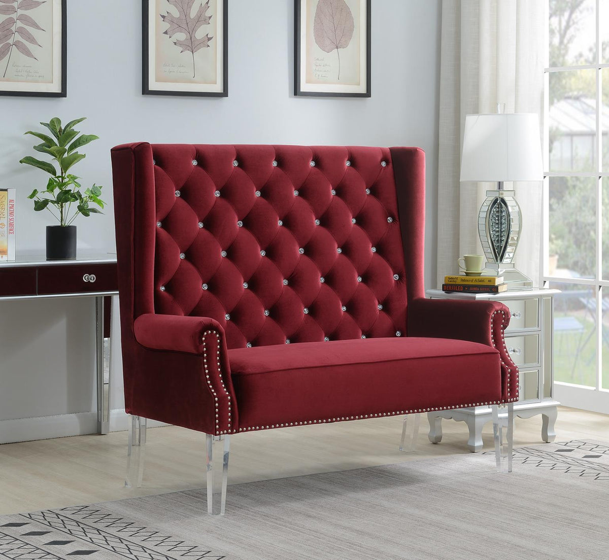D2095 - High Back Velvet Wing Bench With Acrylic Legs