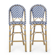 Outdoor Rattan French Barstool Set,, Bamboo, Seat Height - Navy Blue / White