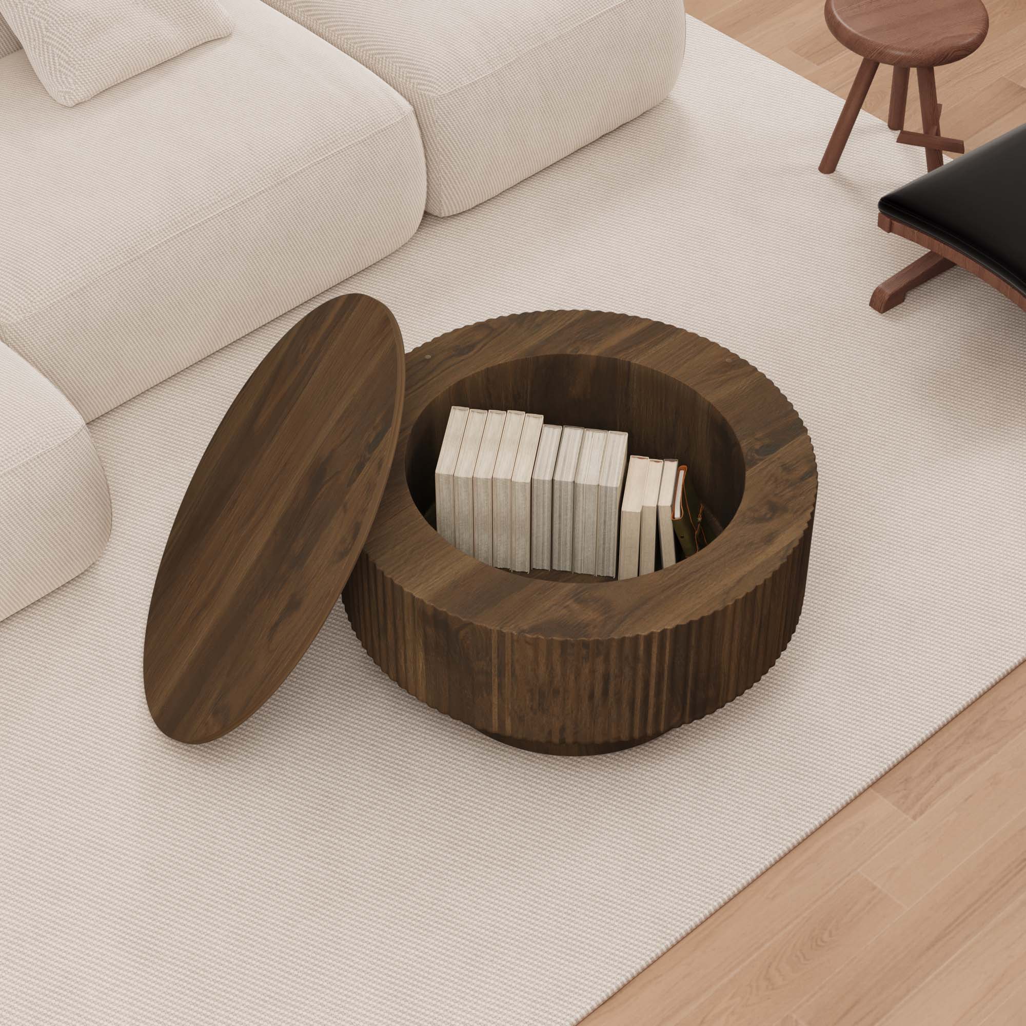 Modern Circular Coffee Table With Stripe Design And Storage Space
