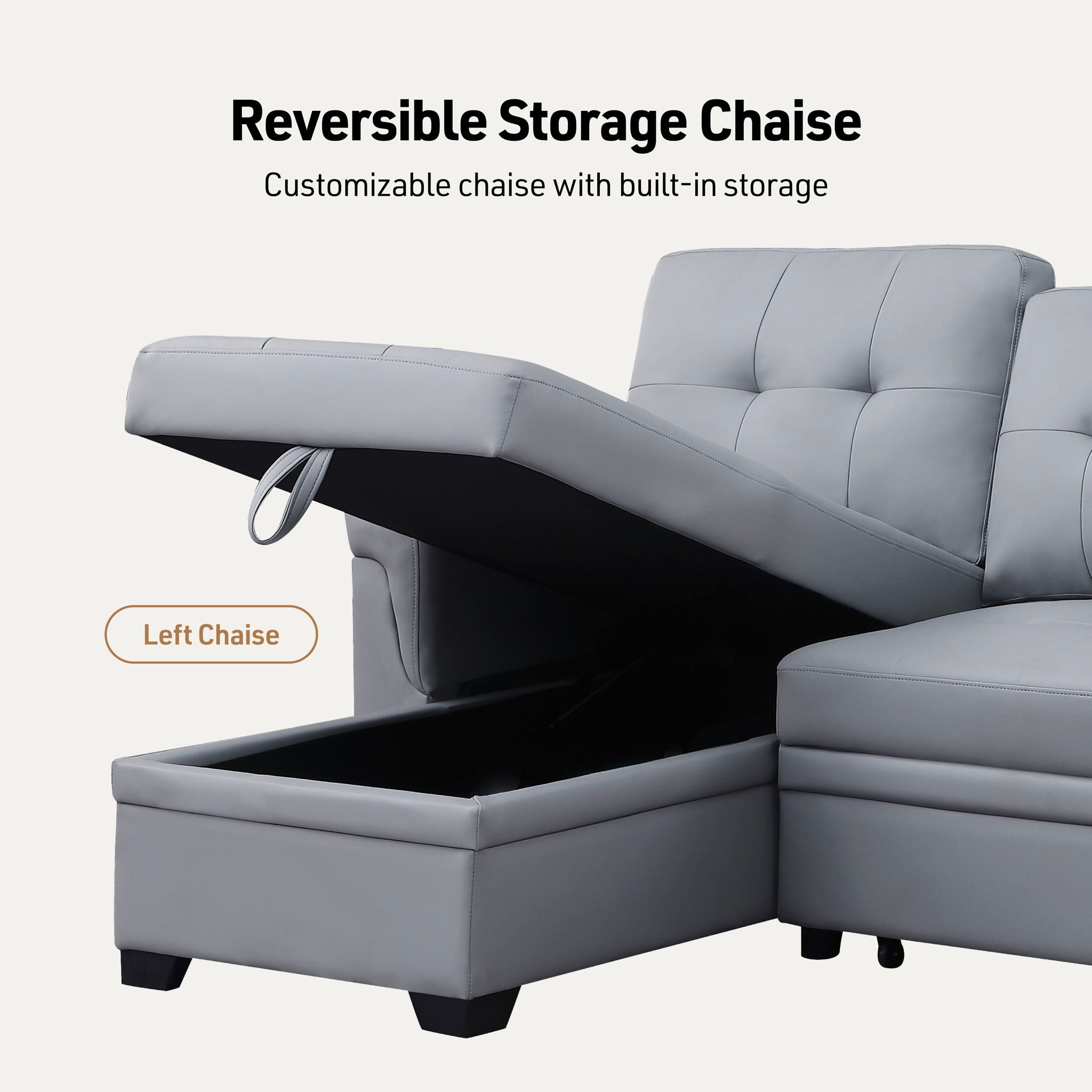 Lexi - Vegan Leather Modern Reversible Sleeper Sectional Sofa With Storage Chaise