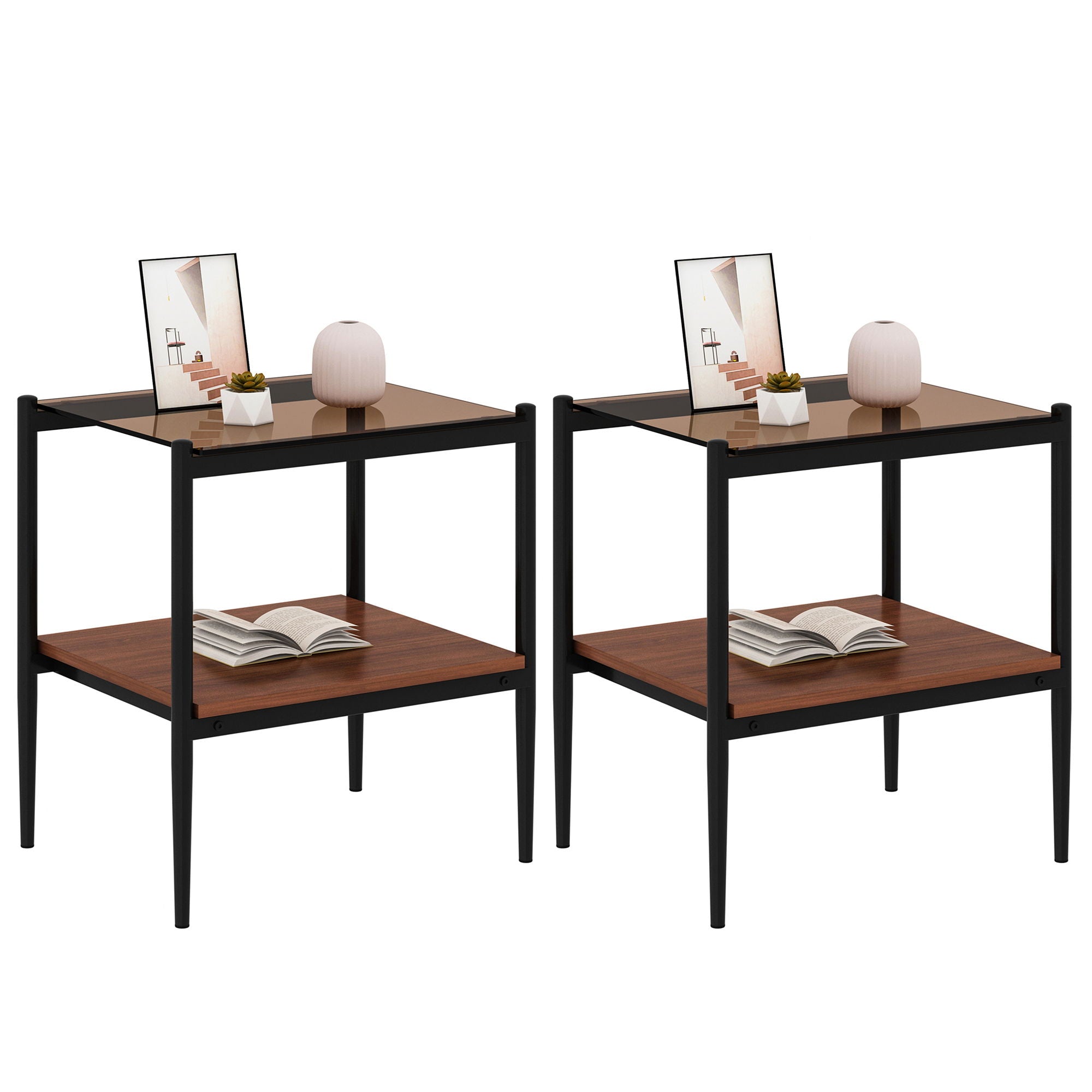 Modern Rectangle End Table (Set of 2) With Tempered Glass Tabletop And Layer - Brown