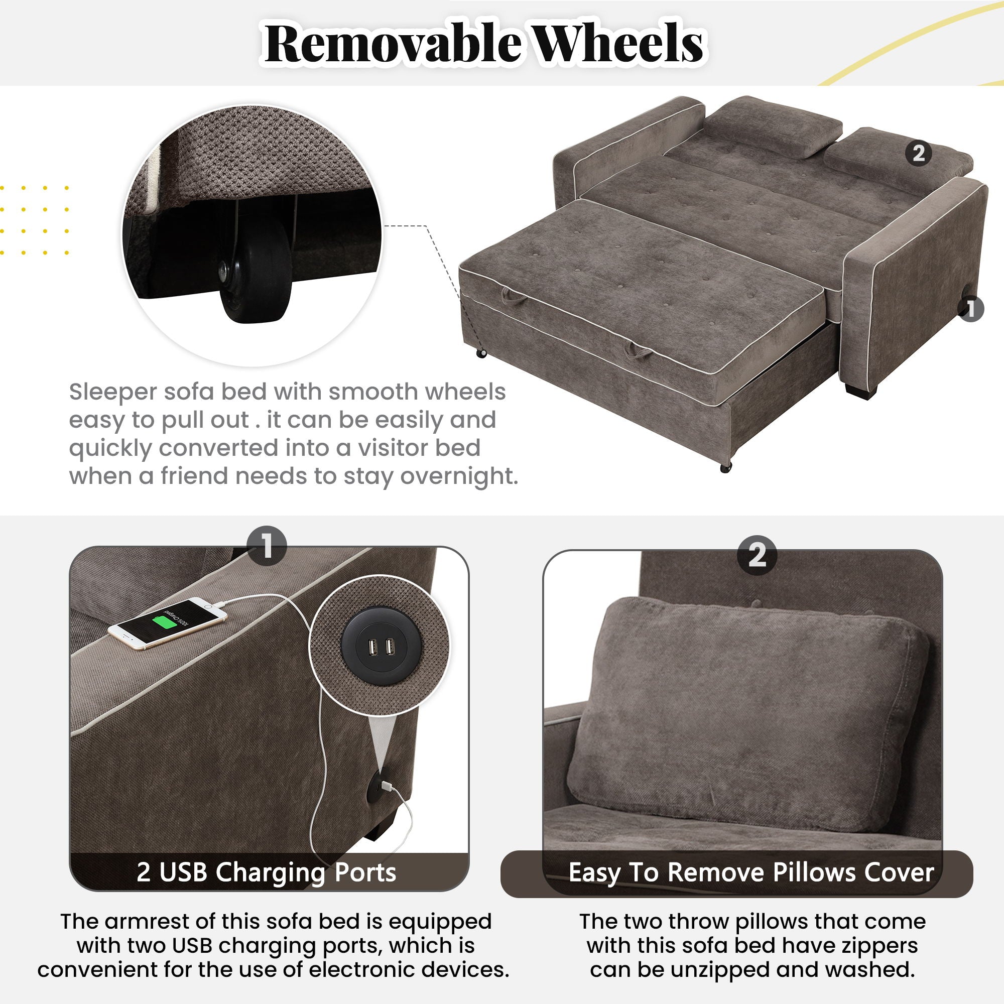 Upholstered Sleeper Bed Sofa With Dual USB Charging, Adjustable Backrest