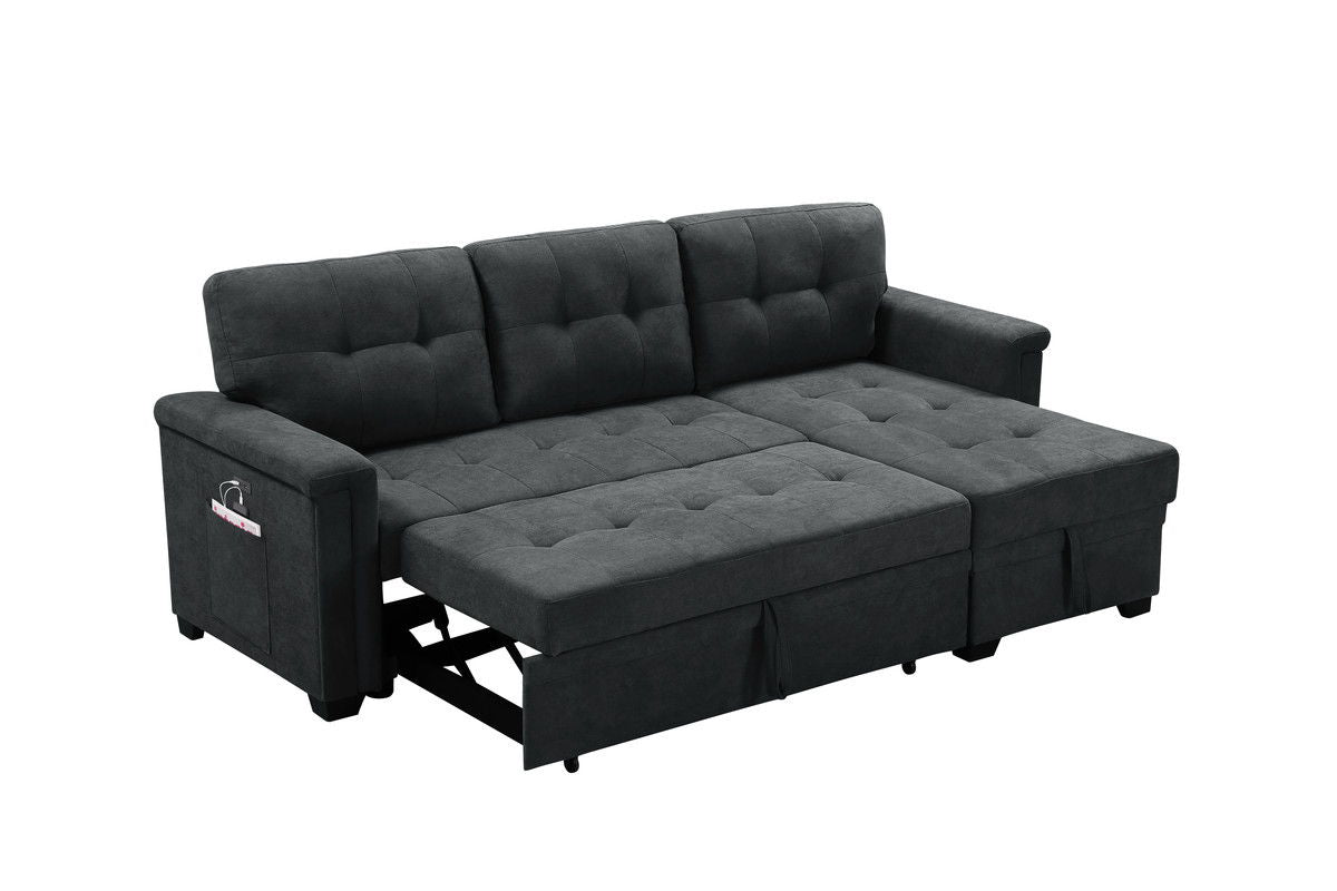 Ashlyn 84"W Dark Gray Woven Fabric Sleeper Sectional Sofa Chaise with USB Charger and Tablet Pocket