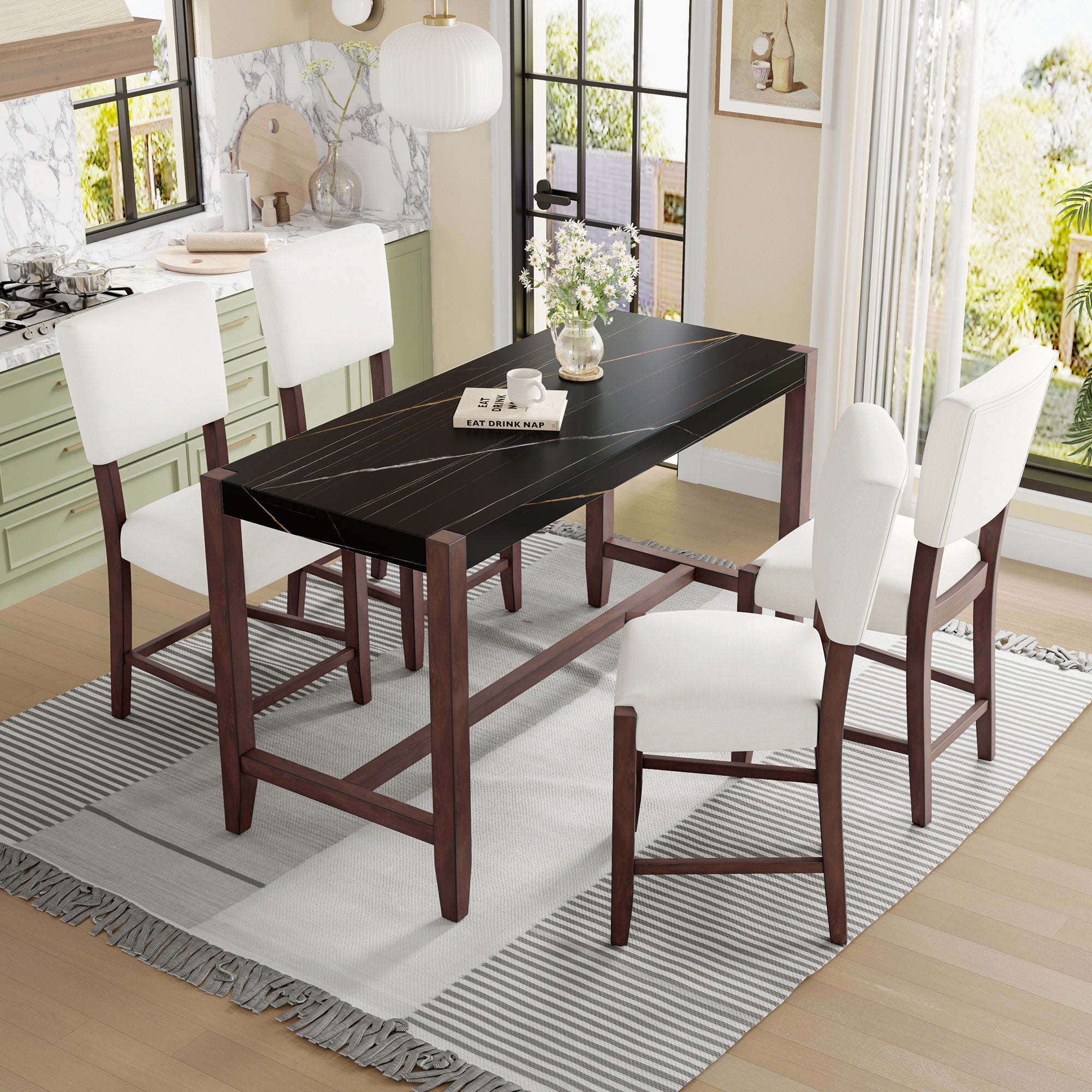 5 Piece Counter Height Dining Set, Bar Table With 4 Upholstered Chairs