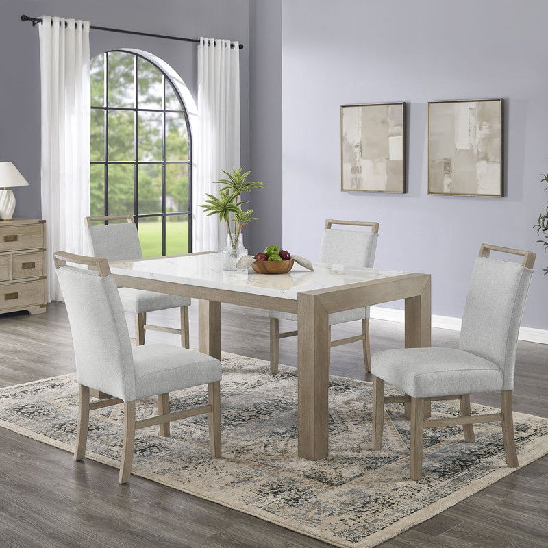 Tabitha 5Pc 66" Rectangular White Faux Marble Top Dining Set in Light Oak Finish