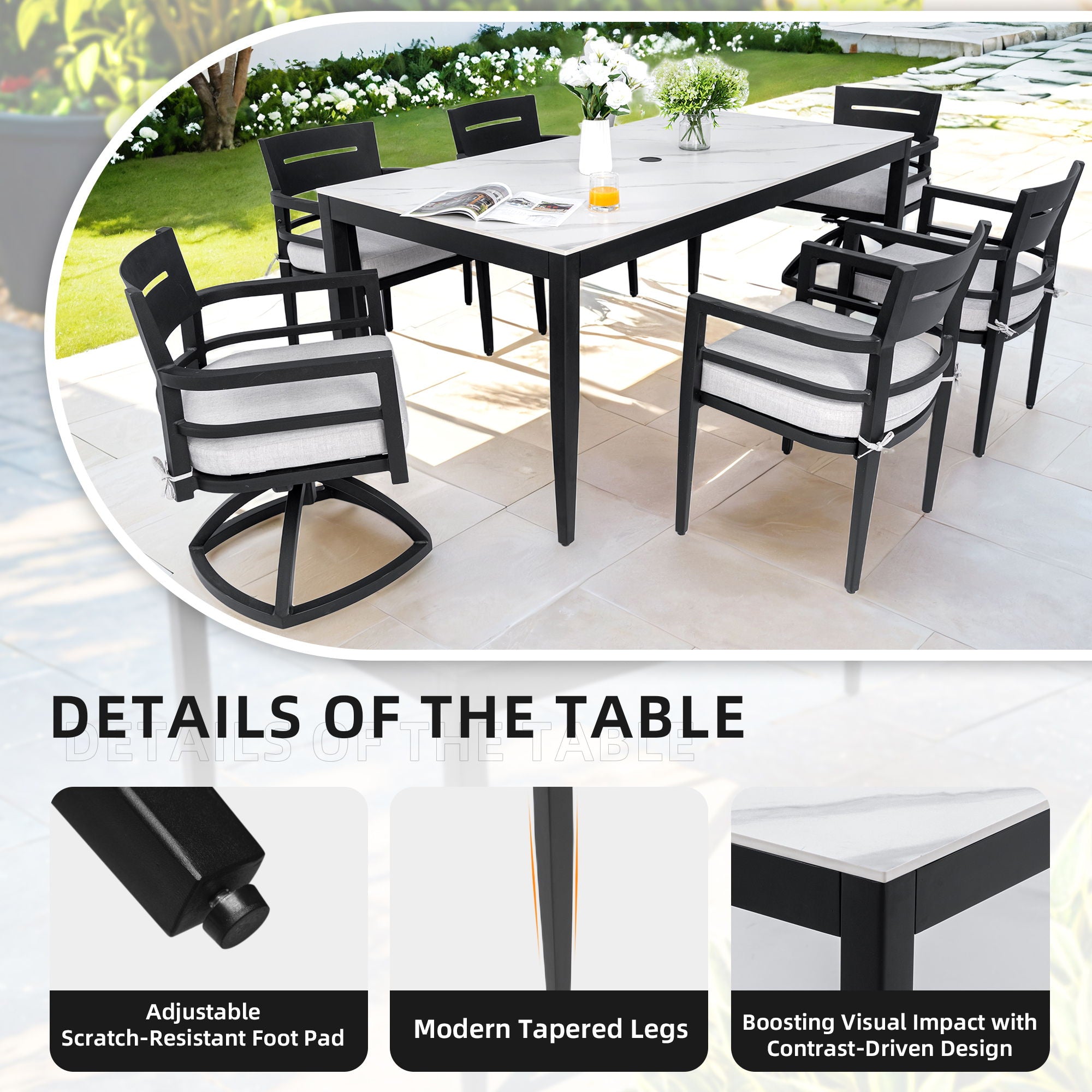 Outdoor Modern Patio Dining Table, Post Tapered Legs, Weatherproof & Rust Free