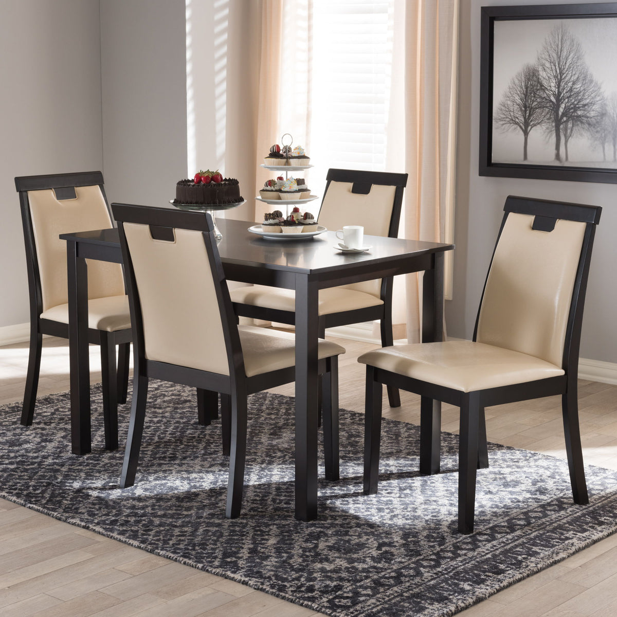 Evelyn Modern and Contemporary Beige Faux Leather Upholstered and Dark Brown Finished 5-Piece Dining Set