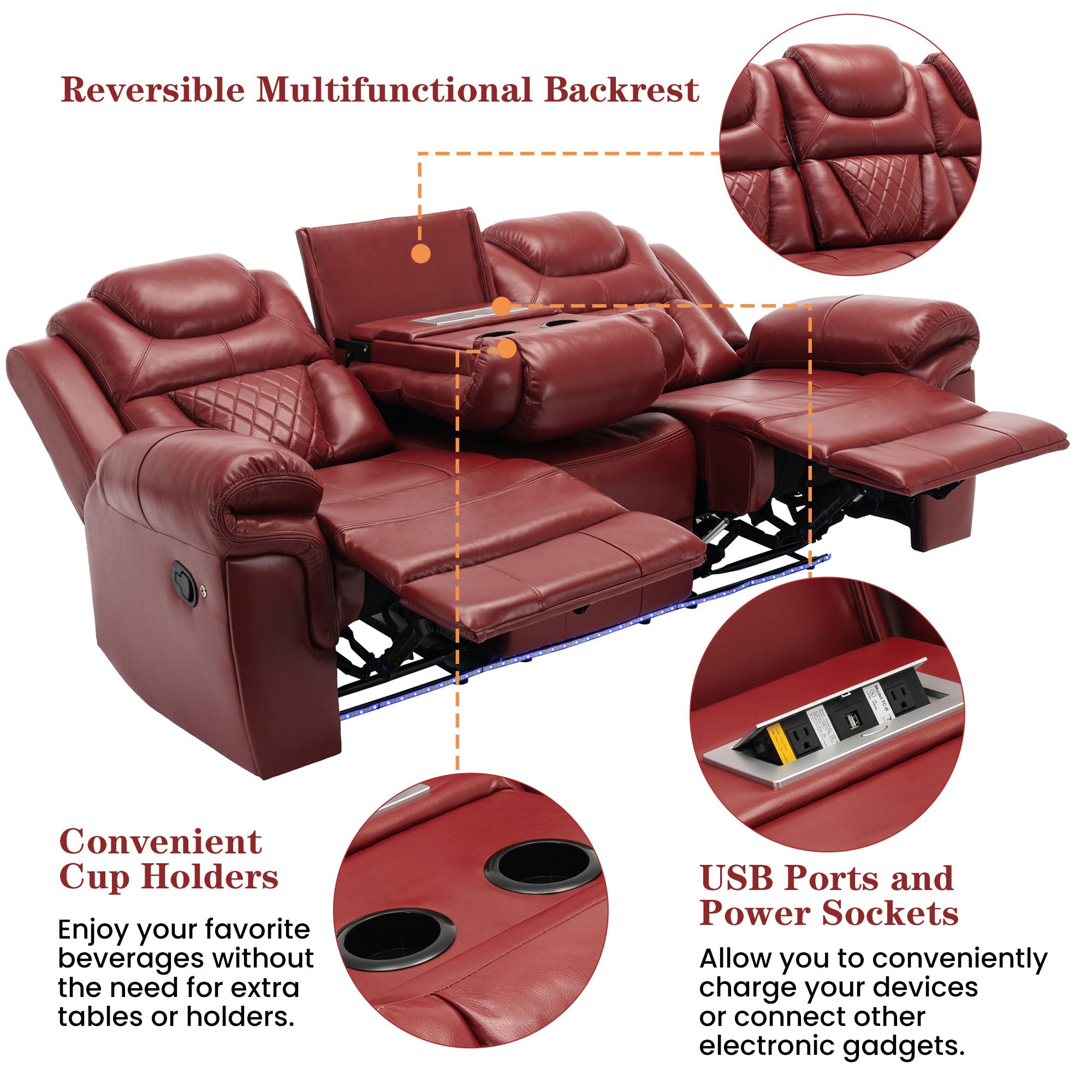 Home Theater Seating Manual Recliner Chair With Center Console And LED Light Strip For Living Room - Red