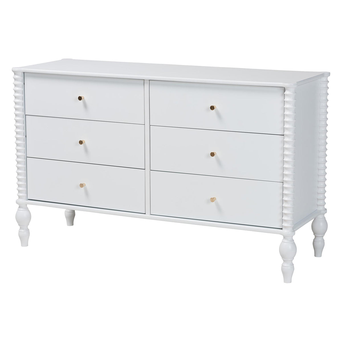 Denita Spindle 4-Piece Bedroom Set - Farmhouse Platform Bed with Matching Dresser, Chest, and 1-Drawer Nightstand, White, Twin