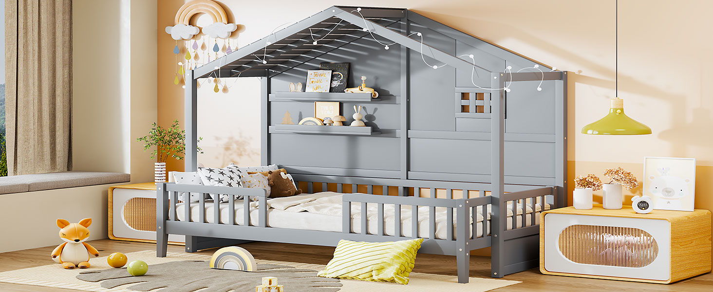 House Bed With Shelves, Window And Sparkling Light Strip On The Roof