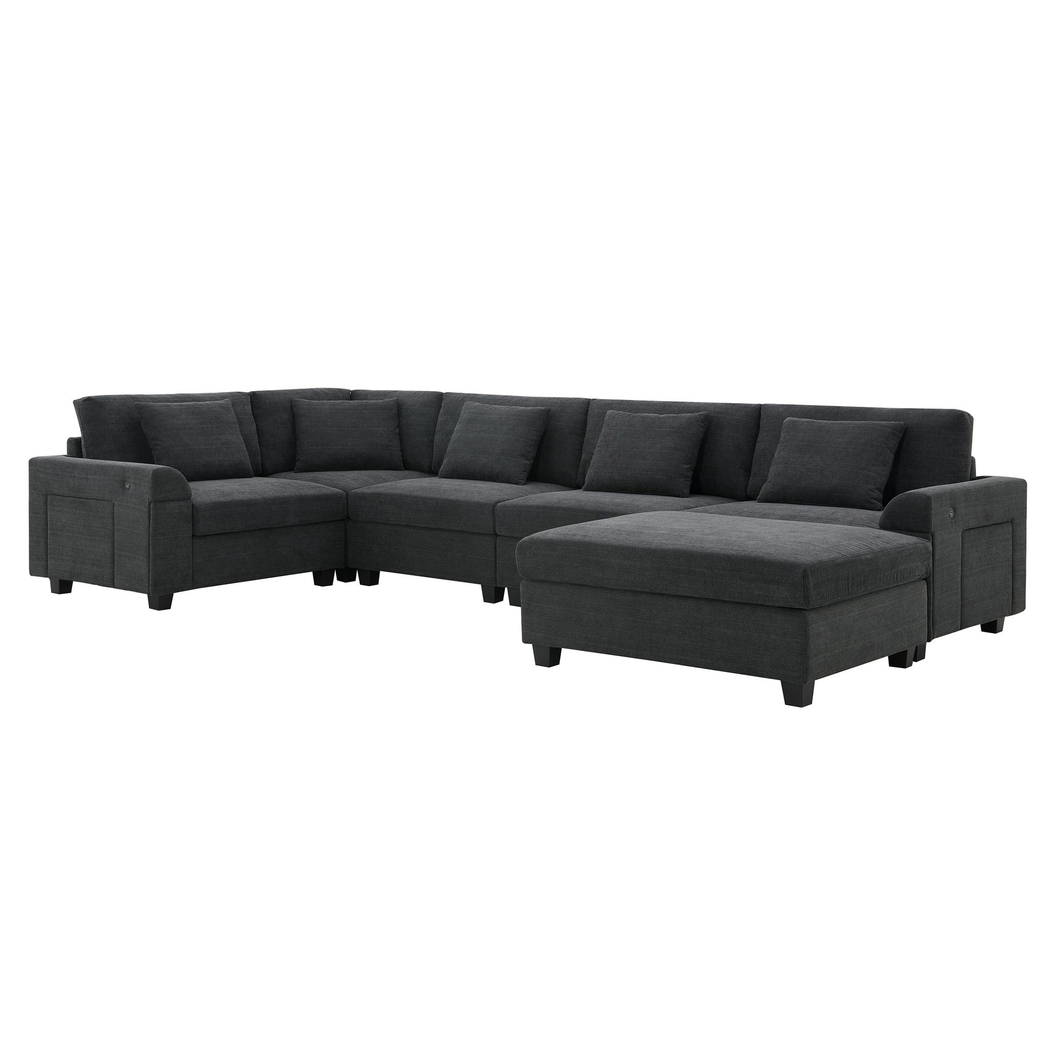 U Shaped Sectional Sofa 6 Seat Couch Set With Oversized Ottoman, Hidden Armrest Storage And Cup Holders USB Charging Ports Wide Seat Sofa