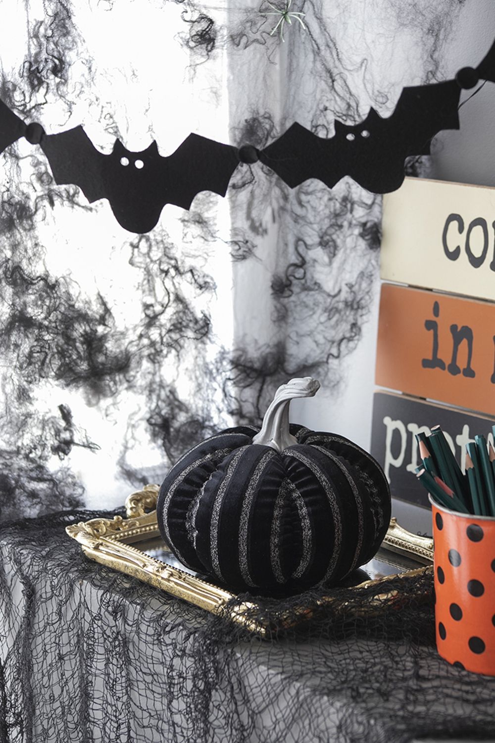 Stripe Pumpkin Decor, For Holiday Halloween Decoration - Black / White