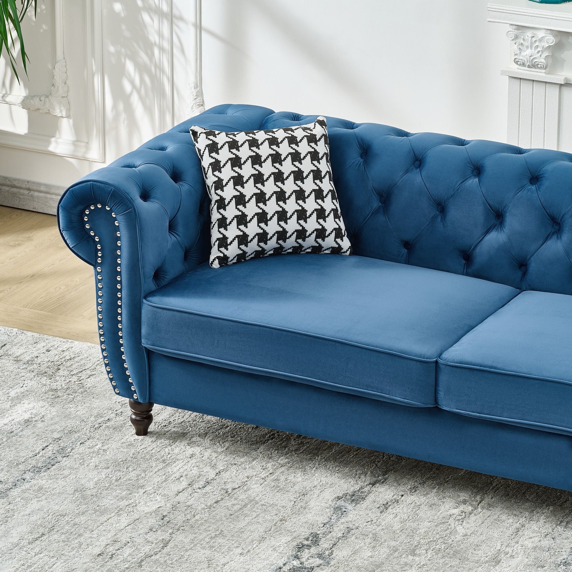 Mid Century Chesterfield Velvet Fabric Sofa With Roll Armrest & Nailhead, Blue, 87 Inches