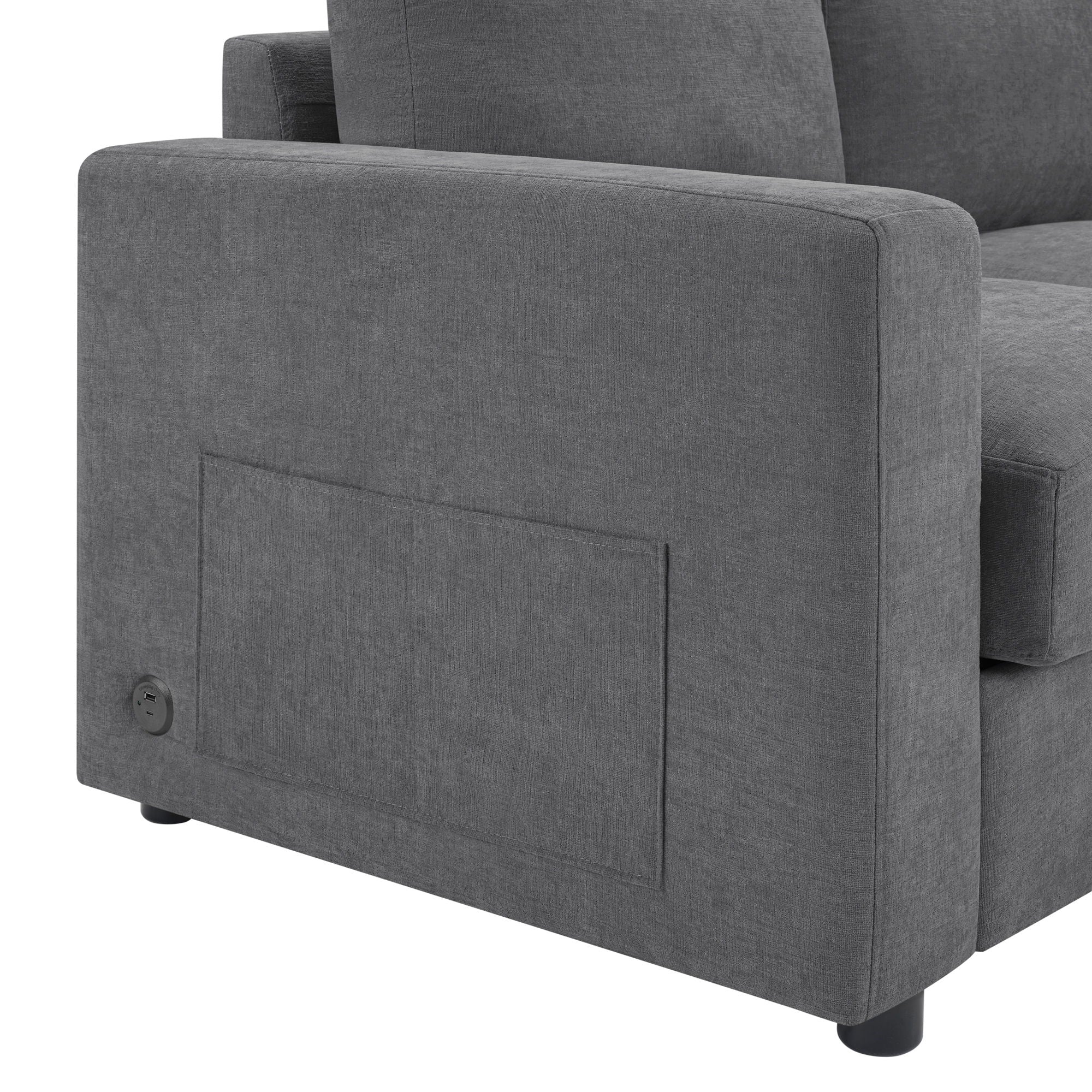 Modern L-Shaped Sectional Sofa With Curved Chaise, USB Ports, And Side Storage Pockets
