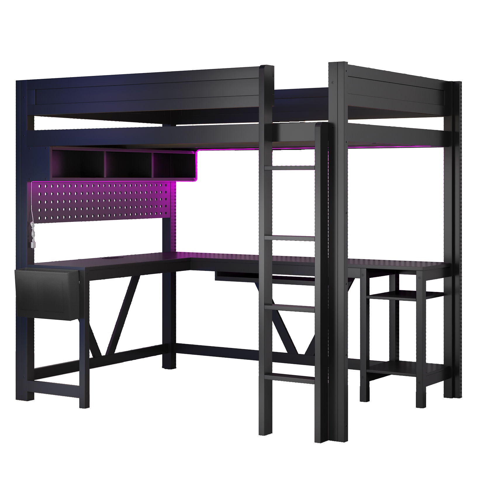 Gaming Loft Bed With Desk, Storage Shelves, LED And Charging Station