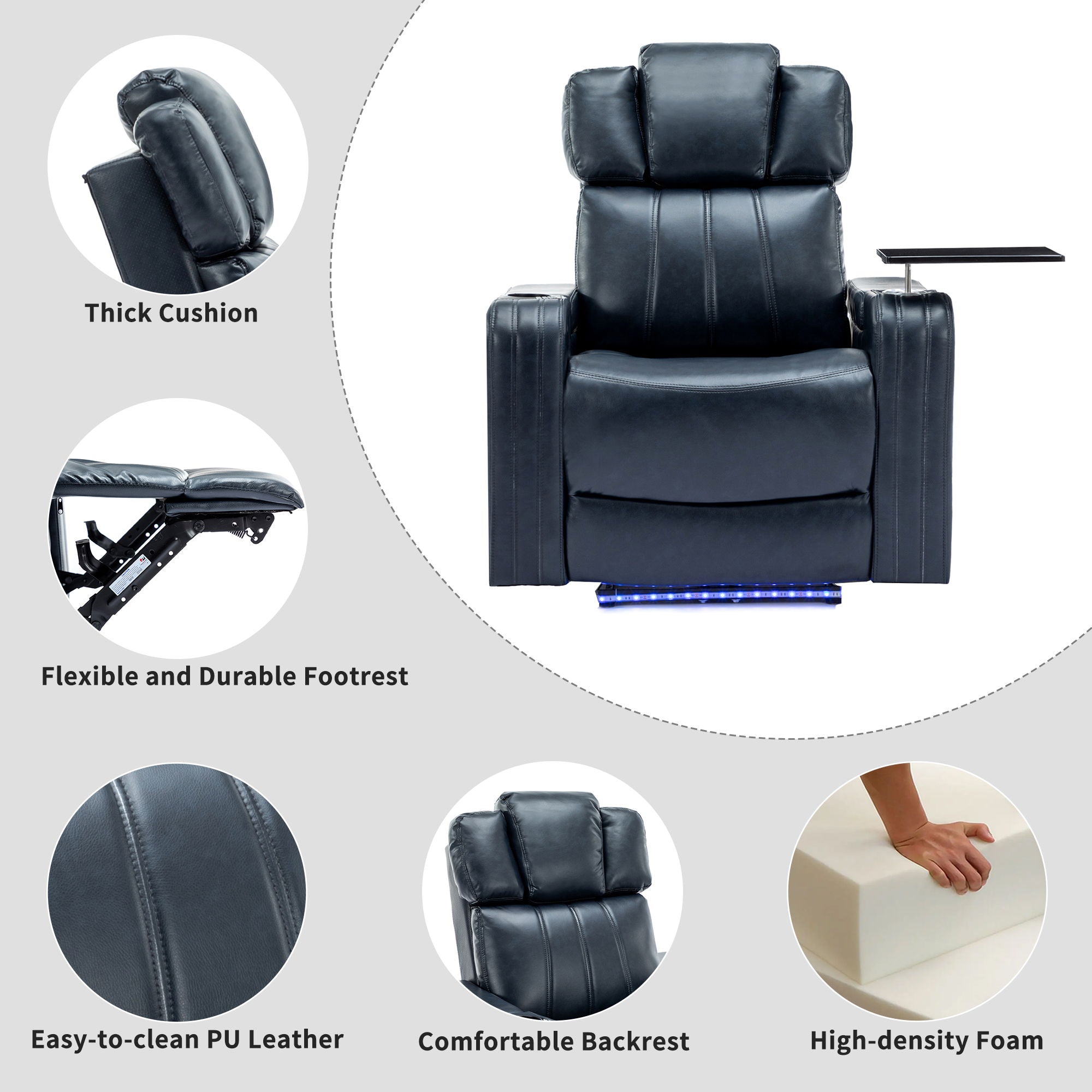Power Recliner Theater Chair With Cooling Cup Holder, Bluetooth Speaker, LED Lights, USB Ports