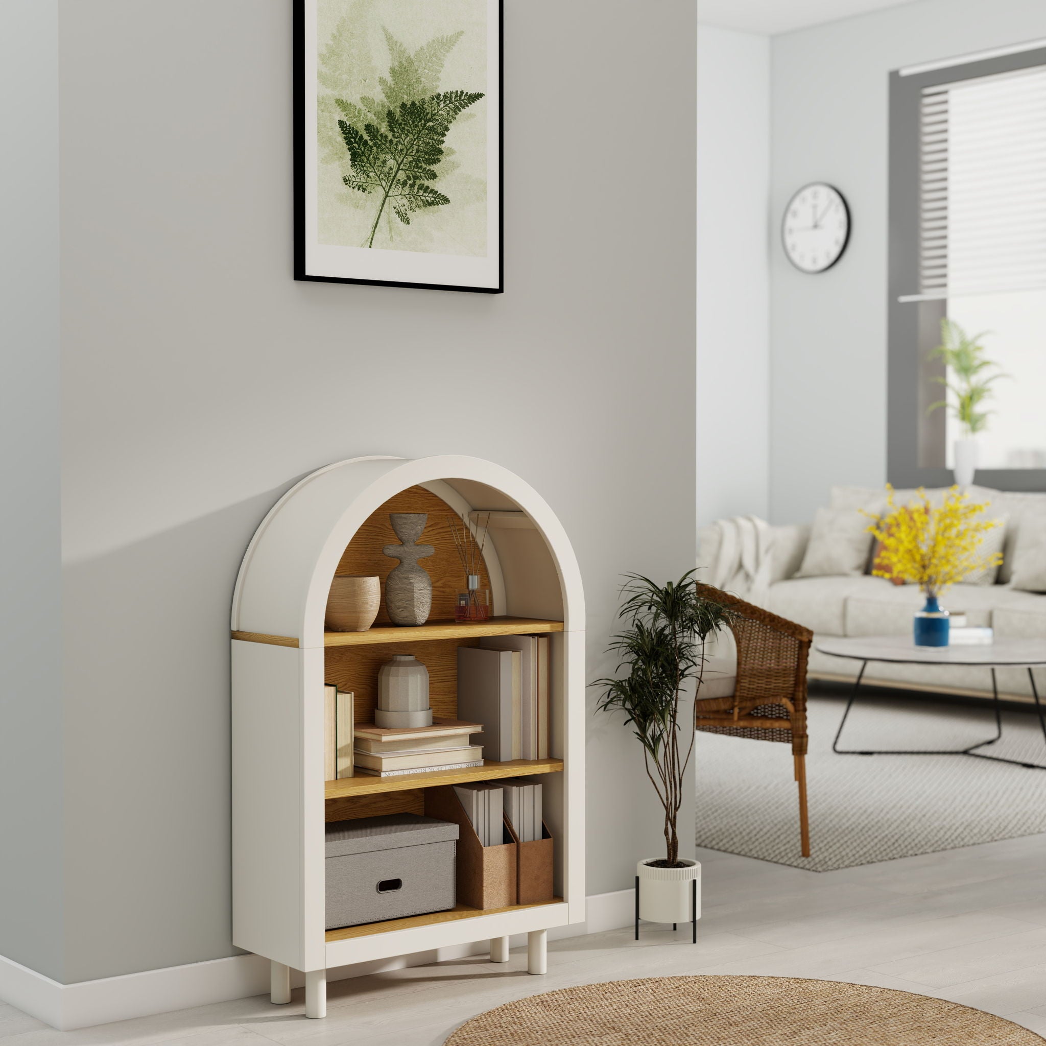 Arched Small Bookcase, Storage Cabinet, Bookshelf With 3 Shelves For Living Room - Oak / White