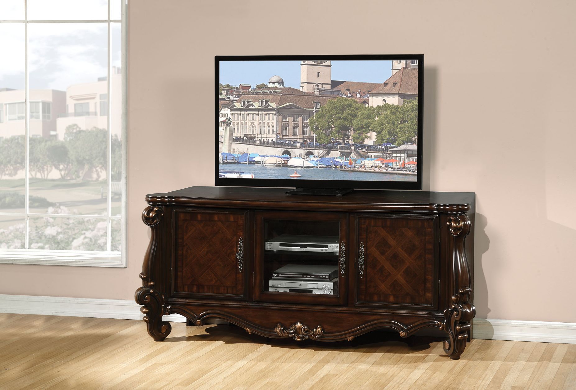 ACME The Versailles the TV Stand was inspired by old European design. This collection features carved scrollwork accent on legs and trim base. | Meri Furniture