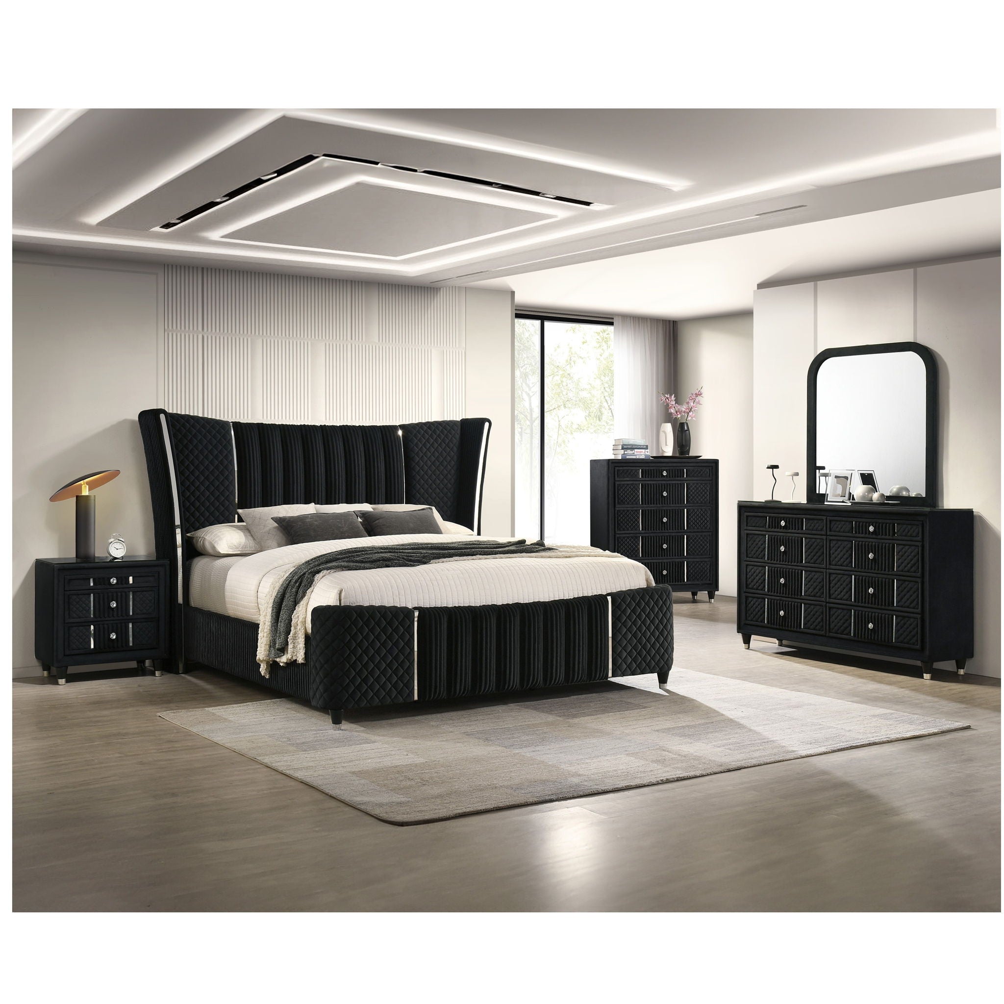 1 Piece Nightstand Upholstery Textured Look Luxurious Feel Drawer Fronts Crystal Style Knobs - Black