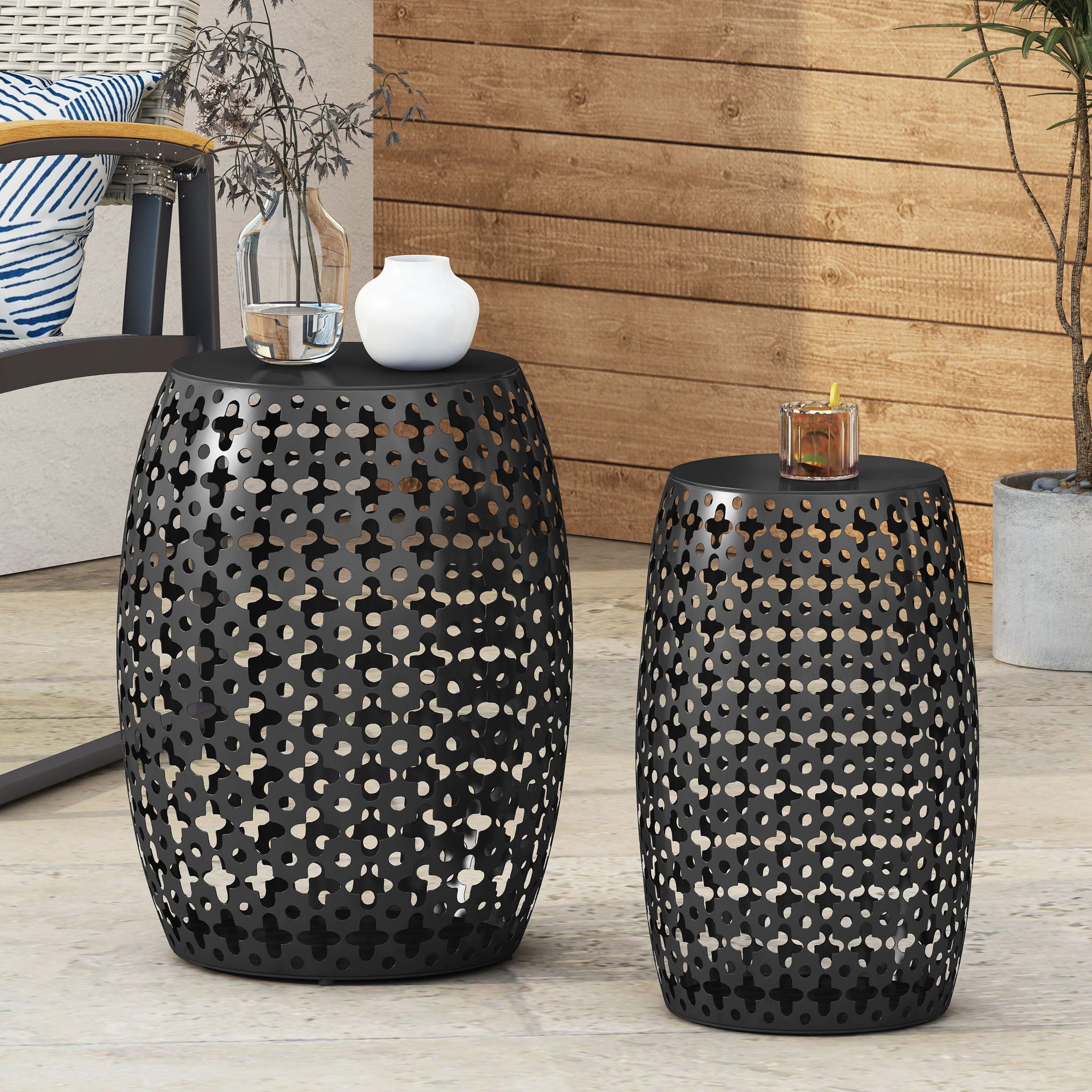 Modern Outdoor Metal End Table Set With Durable Iron Frame - Black