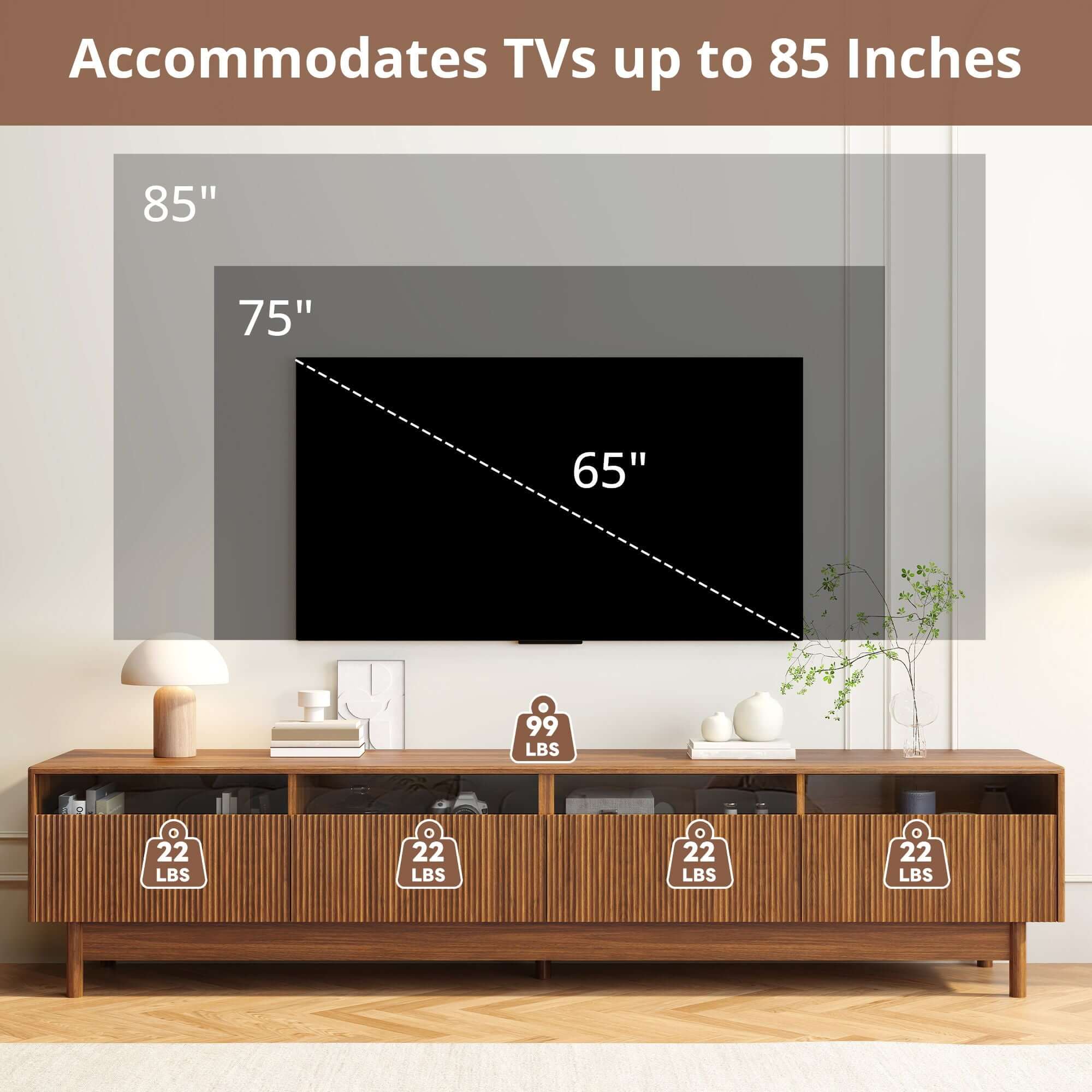 TV Stand, Entertainment Center With Fluted Drawers For Living Room - Walnut