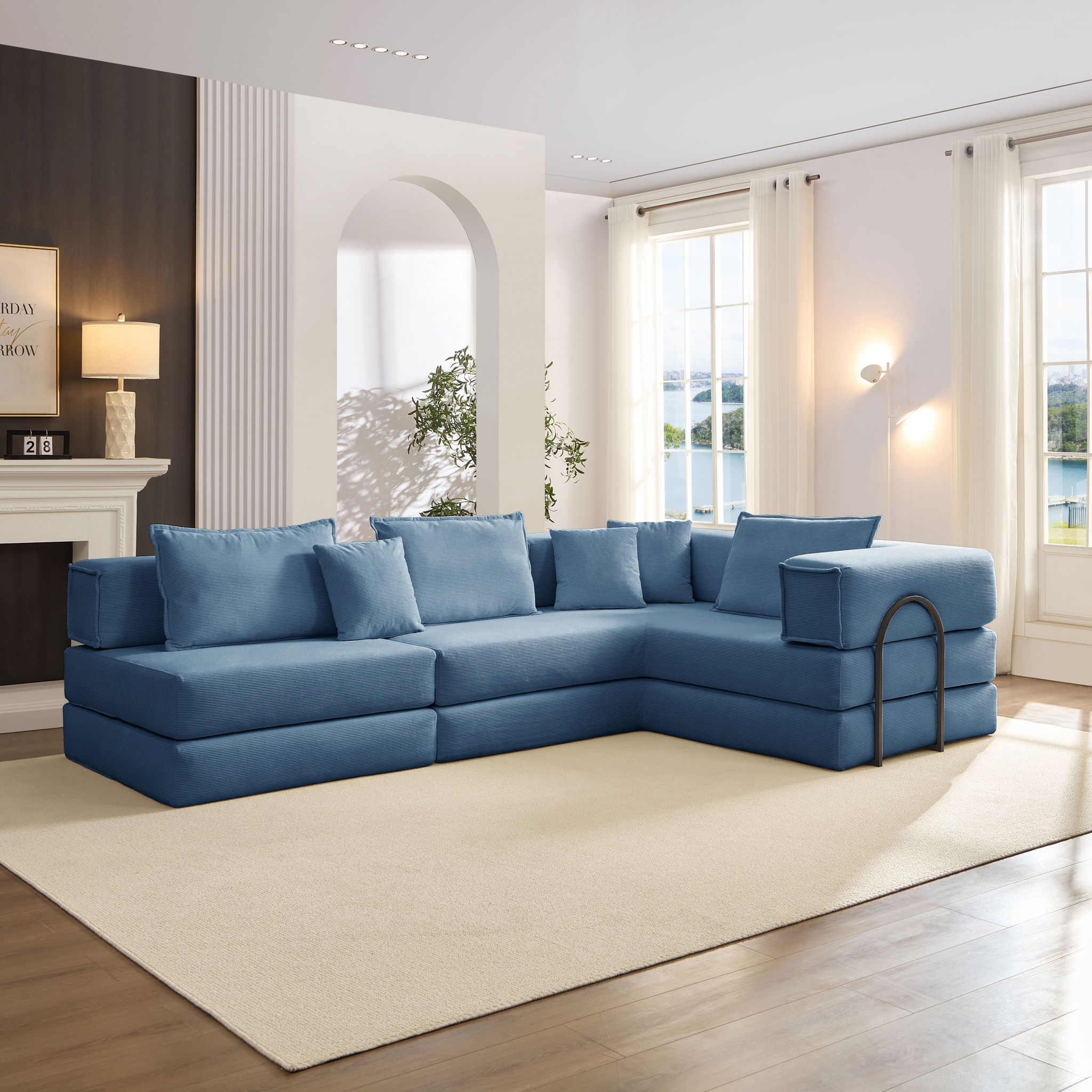 Modular L Shaped Floor Living Room Sofa Set With 6 Pillows