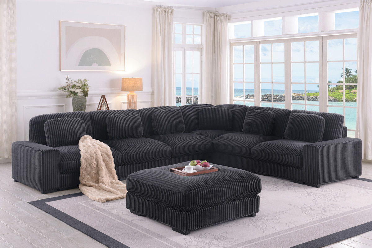 Sloane 151"W Charcoal Corduroy Fabric Reversible L-Shape Modular Sectional Sofa with Ottoman