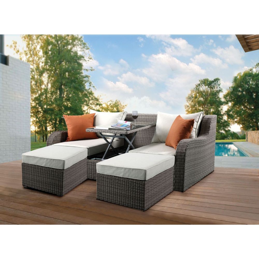 ACME Salena - Patio Sofa & Ottoman - Beige Fabric & Gray Wicker - 30" | Meri Furniture