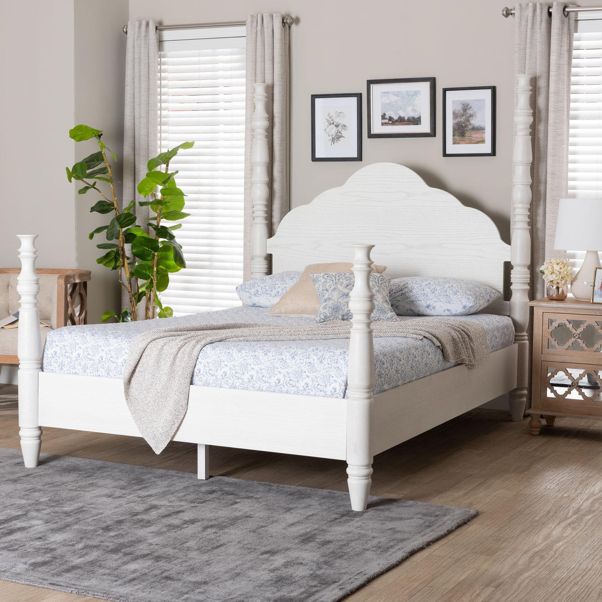 MartiNo Four-Poster Platform Bed - Sculpted Post Bed Frame with Panel Headboard, Vintage Spindle Bed, White, Queen