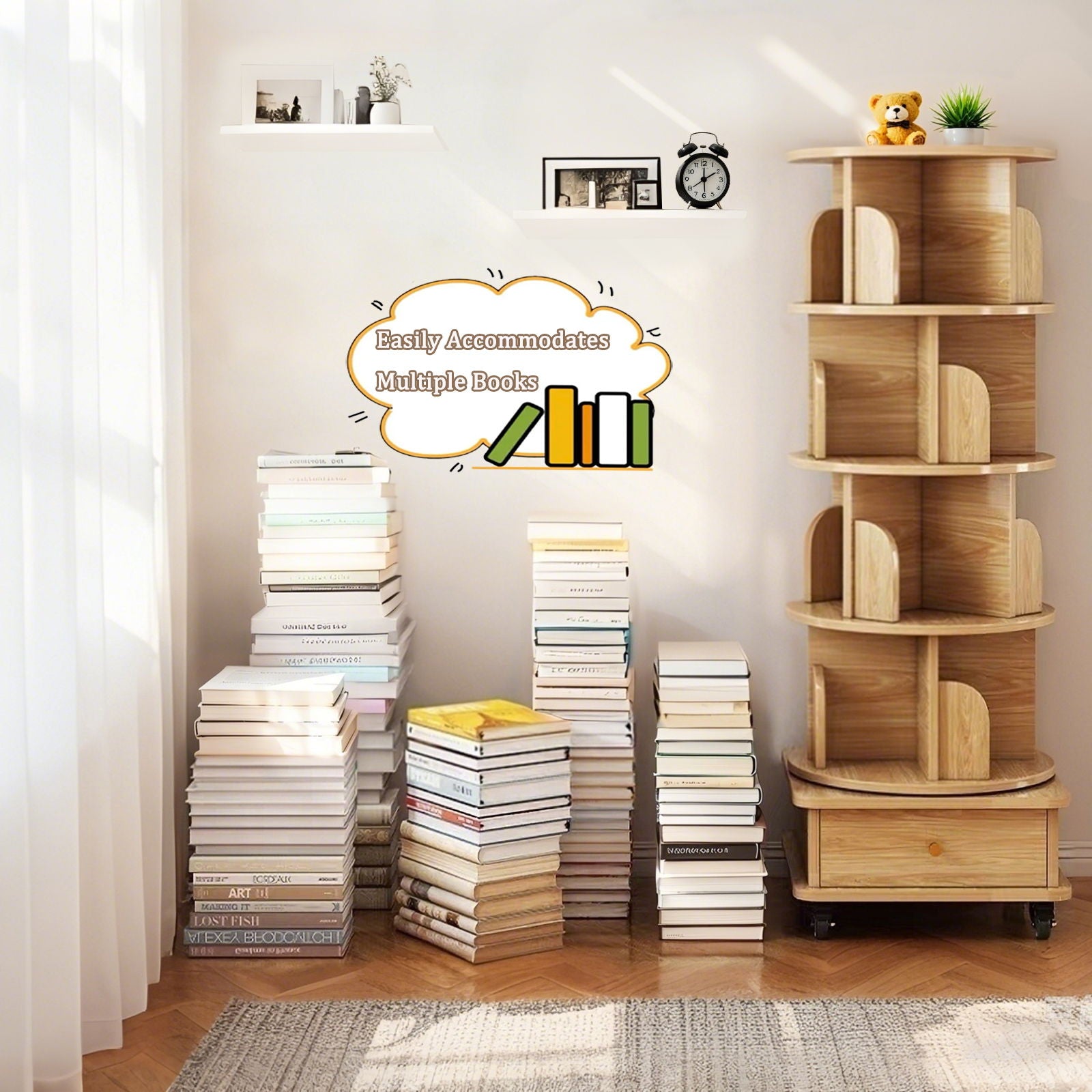 Rotating Bookshelf With Wheels And Drawer, 360° Spinning Design, Space Saving Storage