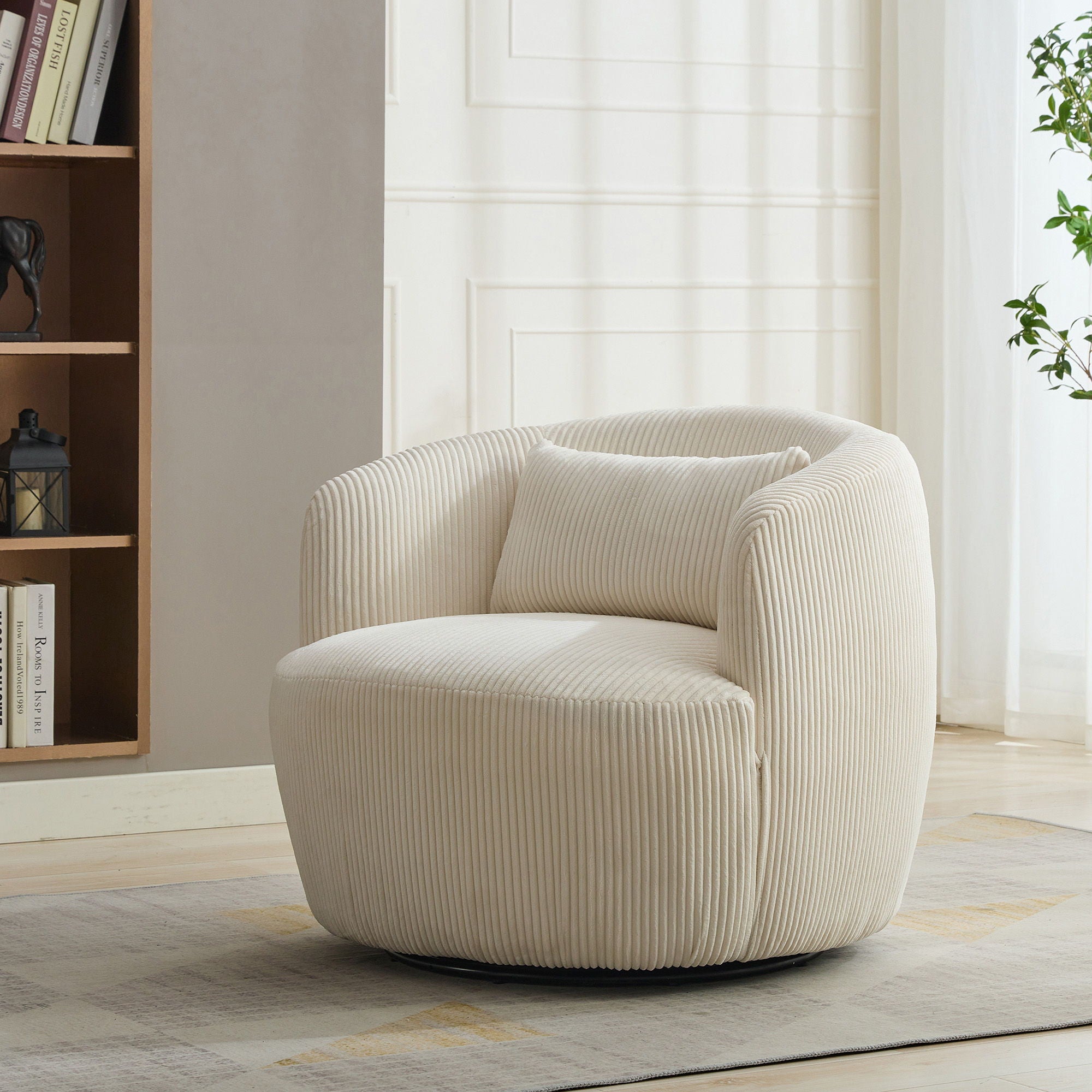 Wide Upholstered Corduroy 360° Swivel Barrel Soft Chair With Pillow