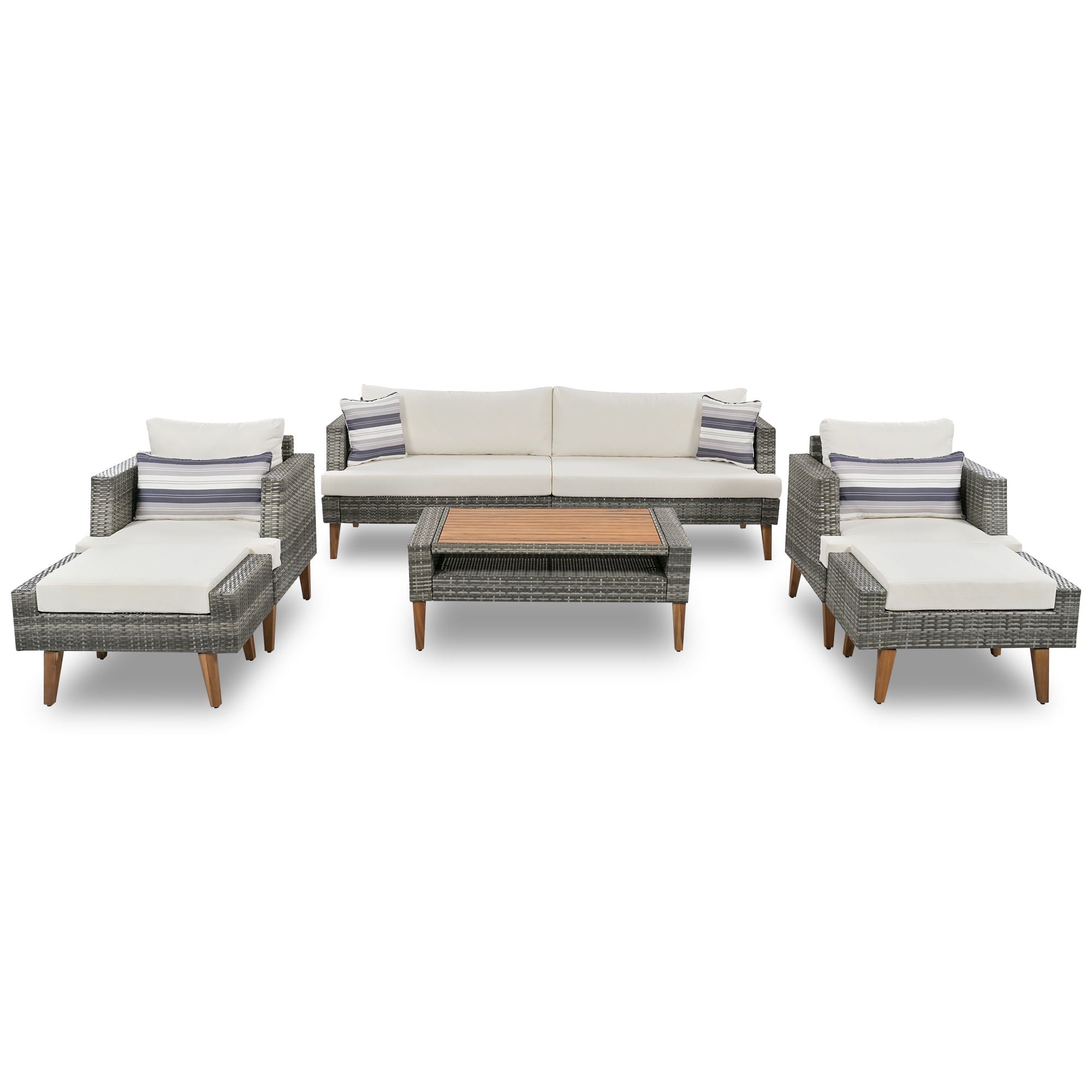 6 Pieces All Weather Sofa Set, Outdoor Rattan Sofa With Double Cushions