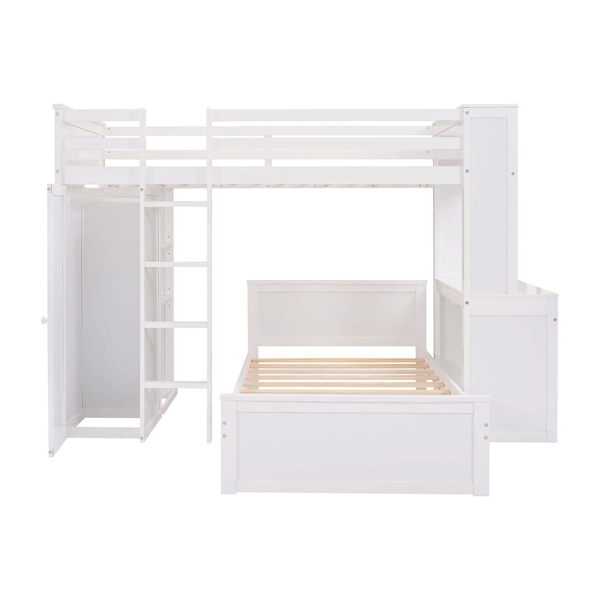 Loft Bed With A Stand Alone Bed, Shelves, Desk, And Wardrobe