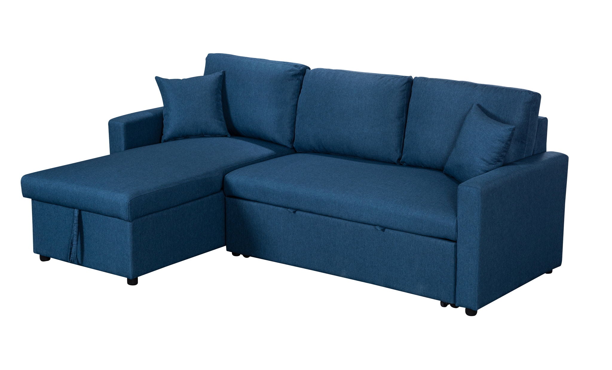 Paisley 82"W Blue Linen Fabric Reversible Sleeper Sectional Sofa with Storage Chaise