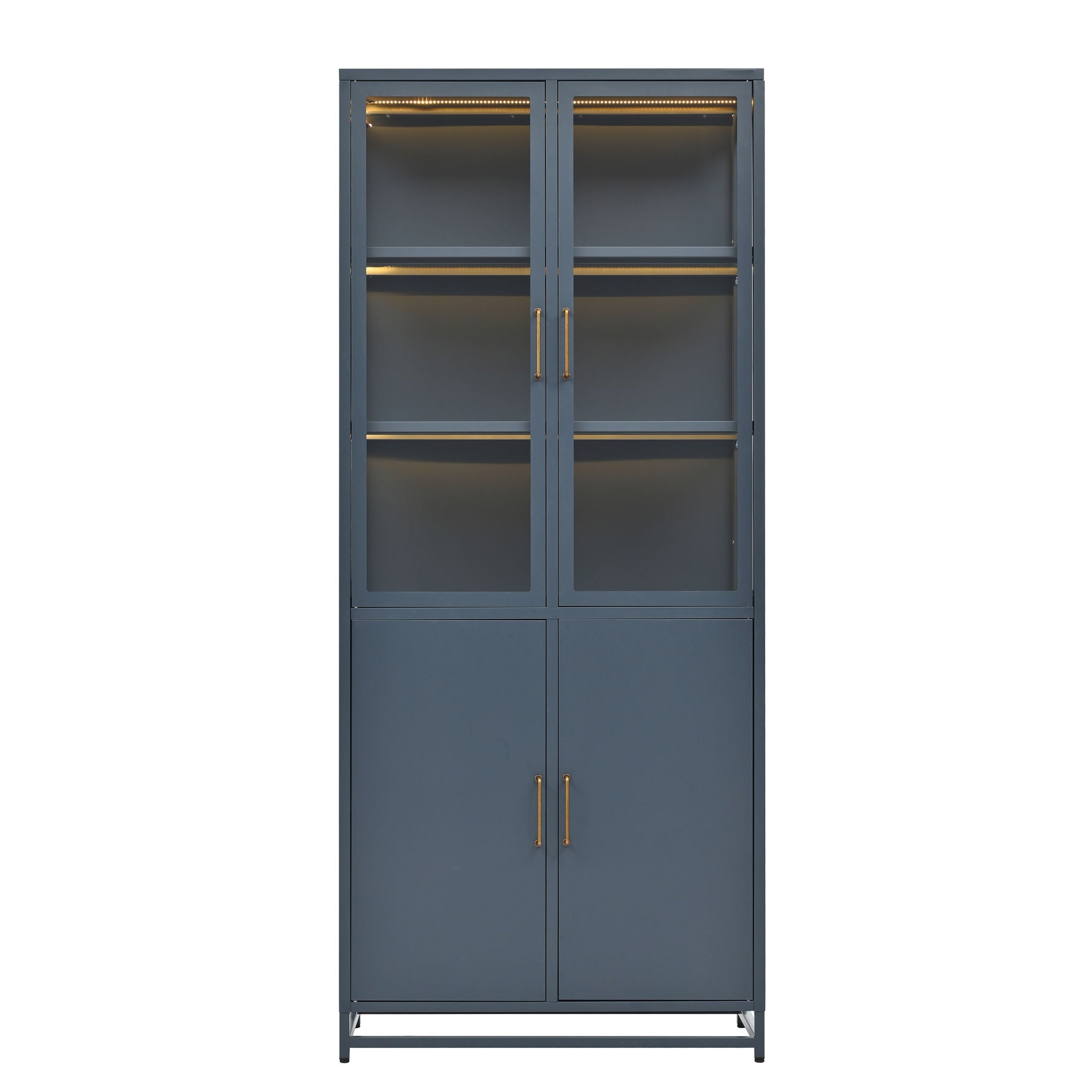 Modern Style Tall Steel Display Cabinet With Double Glass Doors, LED Lights