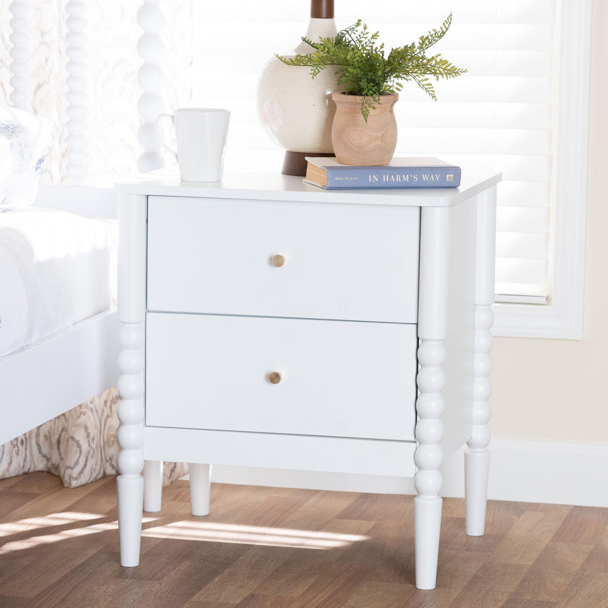 Lucera Mid-Century White 2-Drawer Bobbin Nightstand
